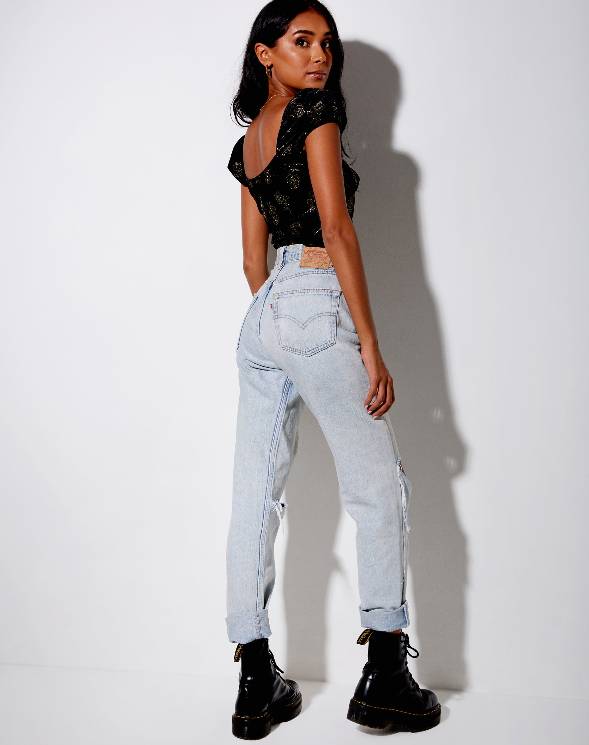 Image of Glasty Crop Top in Black and Gold Rose Stamp