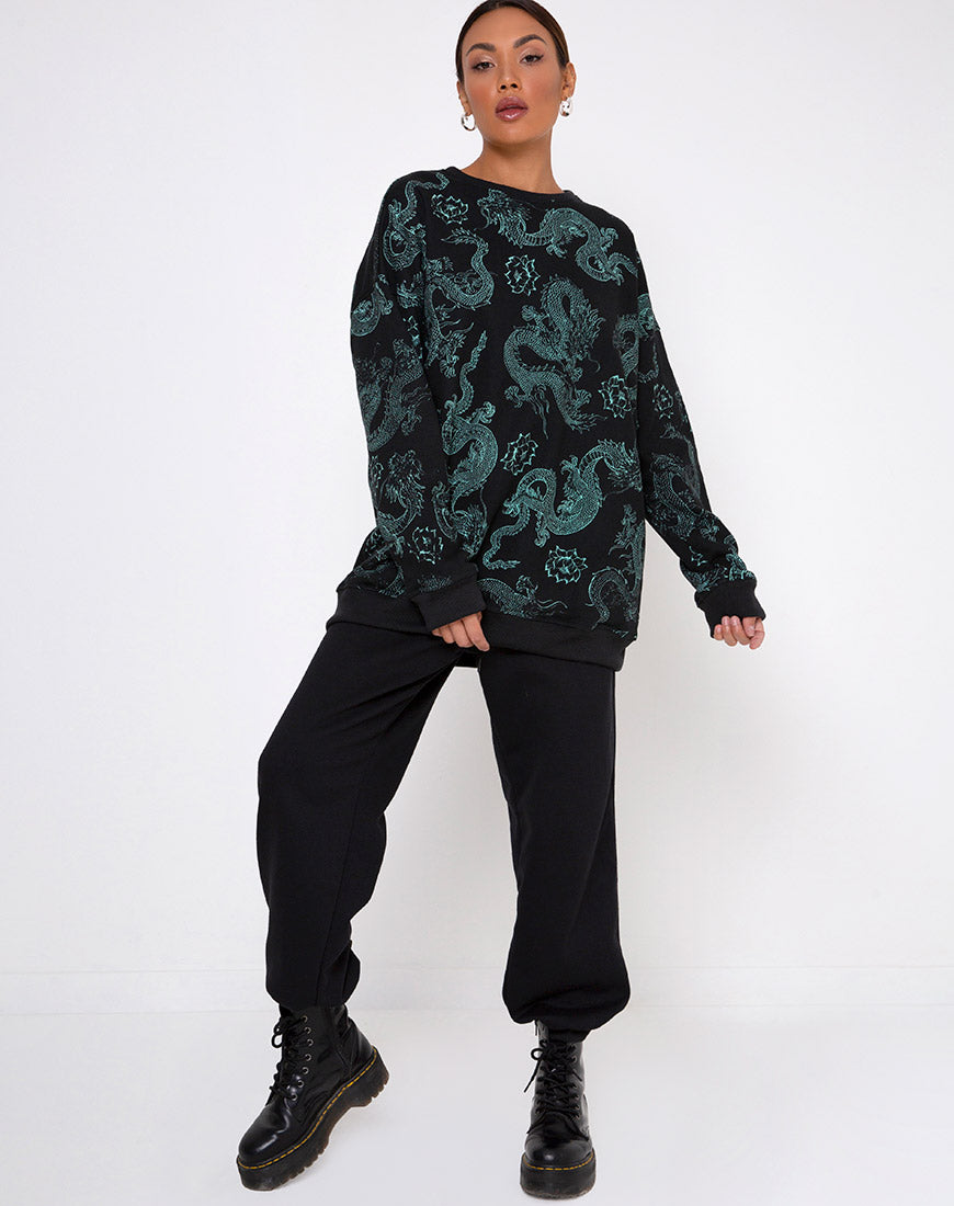Image of Glo Sweatshirt in Dragon Flower Black and Mint