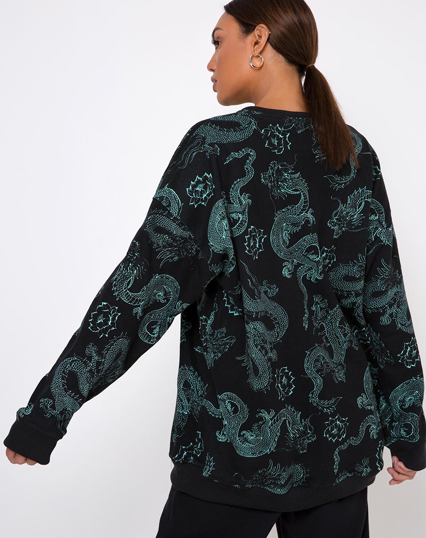 Image of Glo Sweatshirt in Dragon Flower Black and Mint