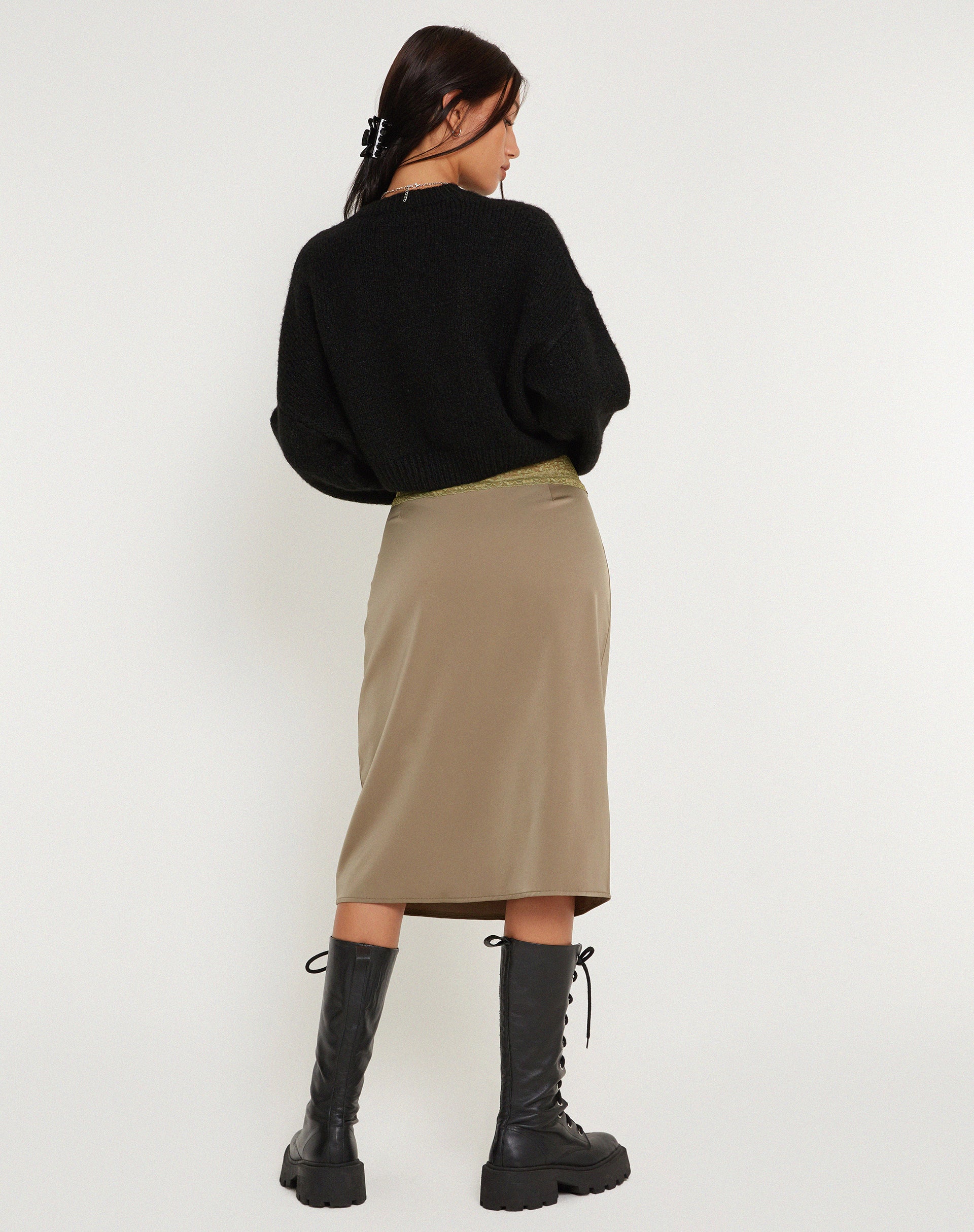 Satin Avocado Lace Detail Midi Skirt | Golda – motelrocks.com
