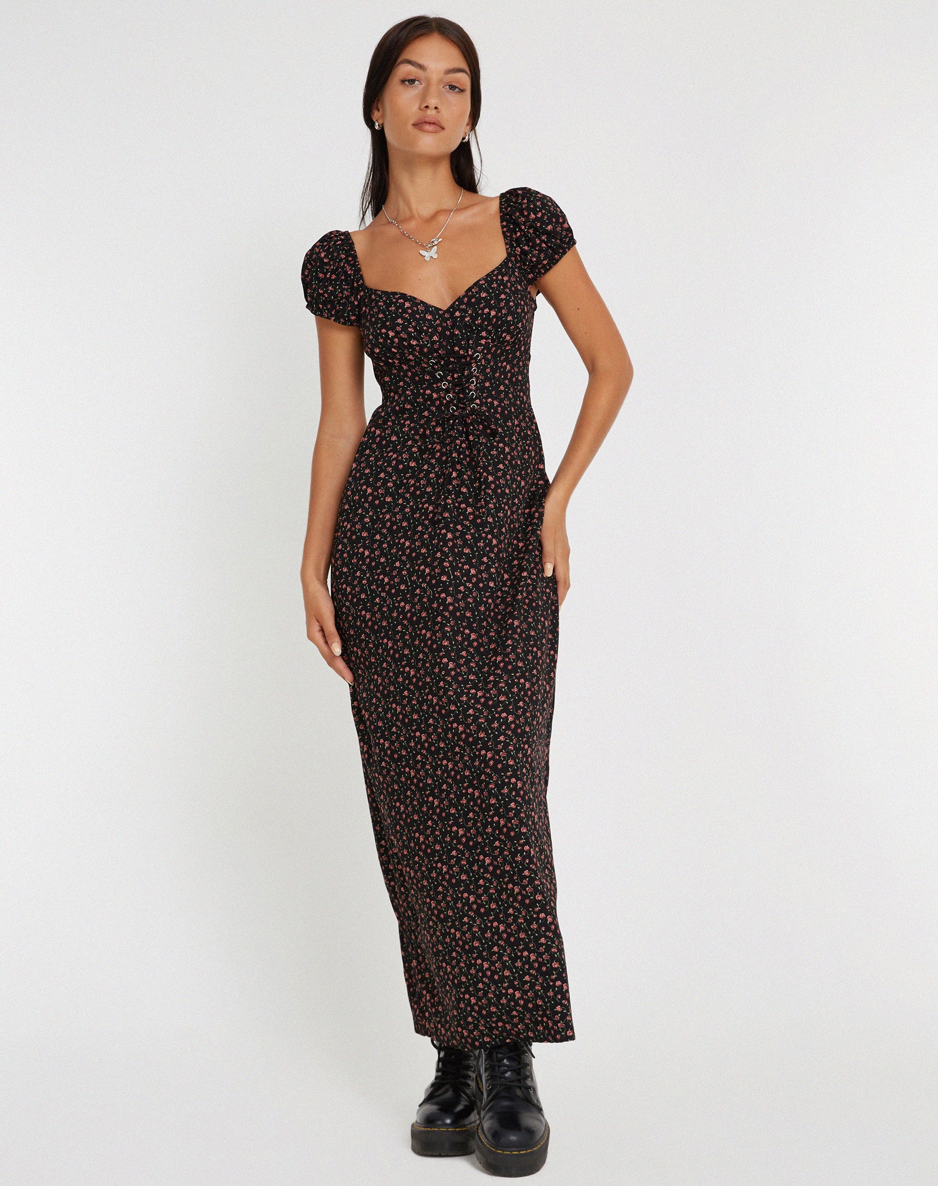 black dress with pink roses Floral Print Cap Sleeves Maxi Dress