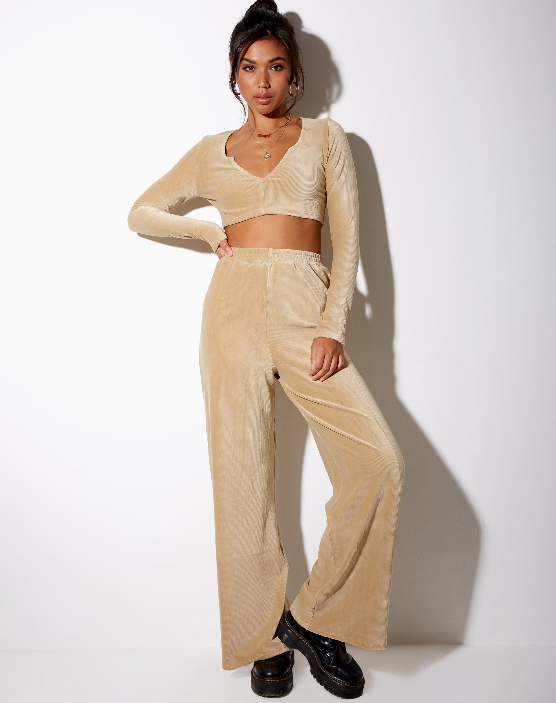 LICHI  Online fashion store  Ribbed velvet flared pants