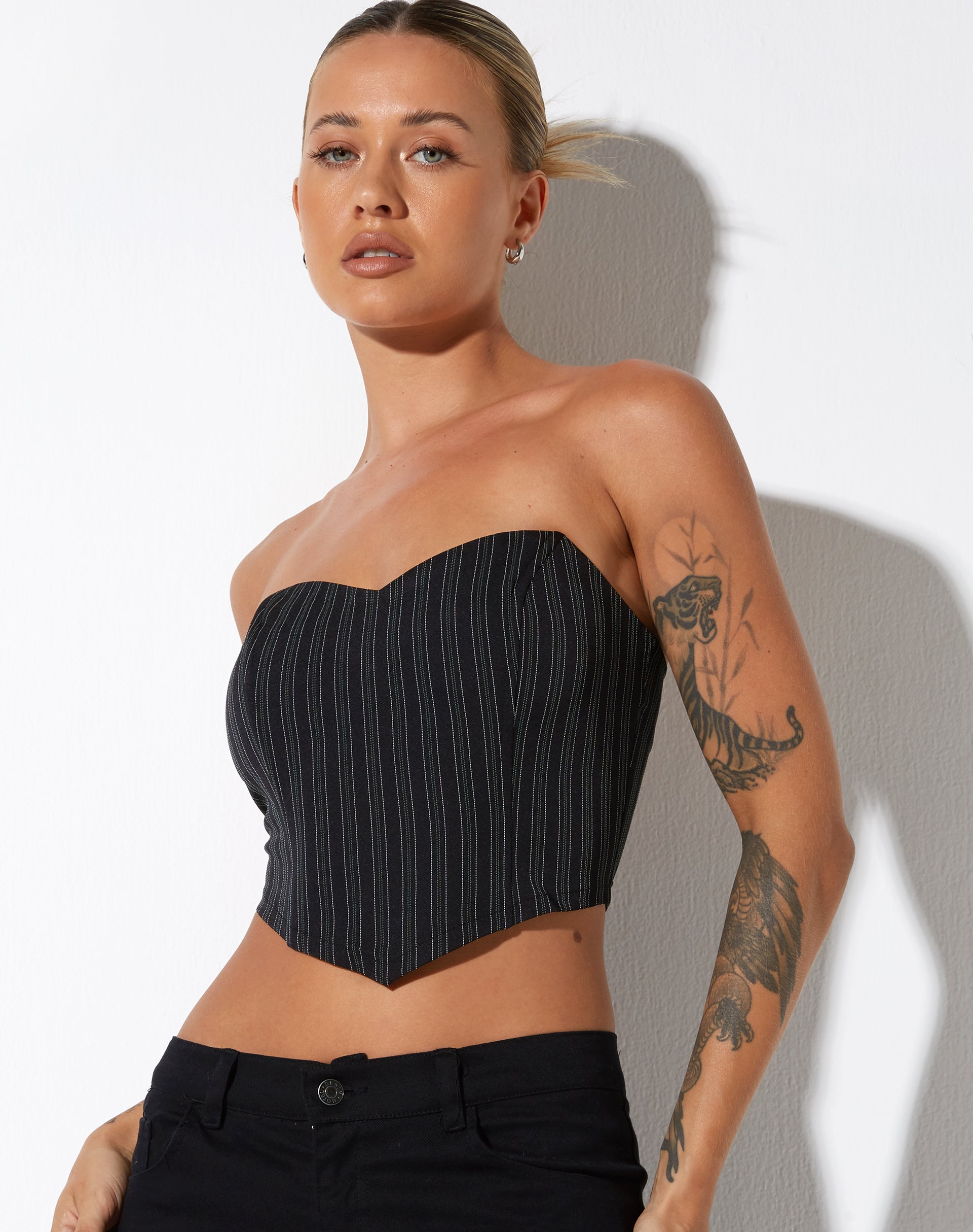 image of Naima Corset Top in Pinstripe Black