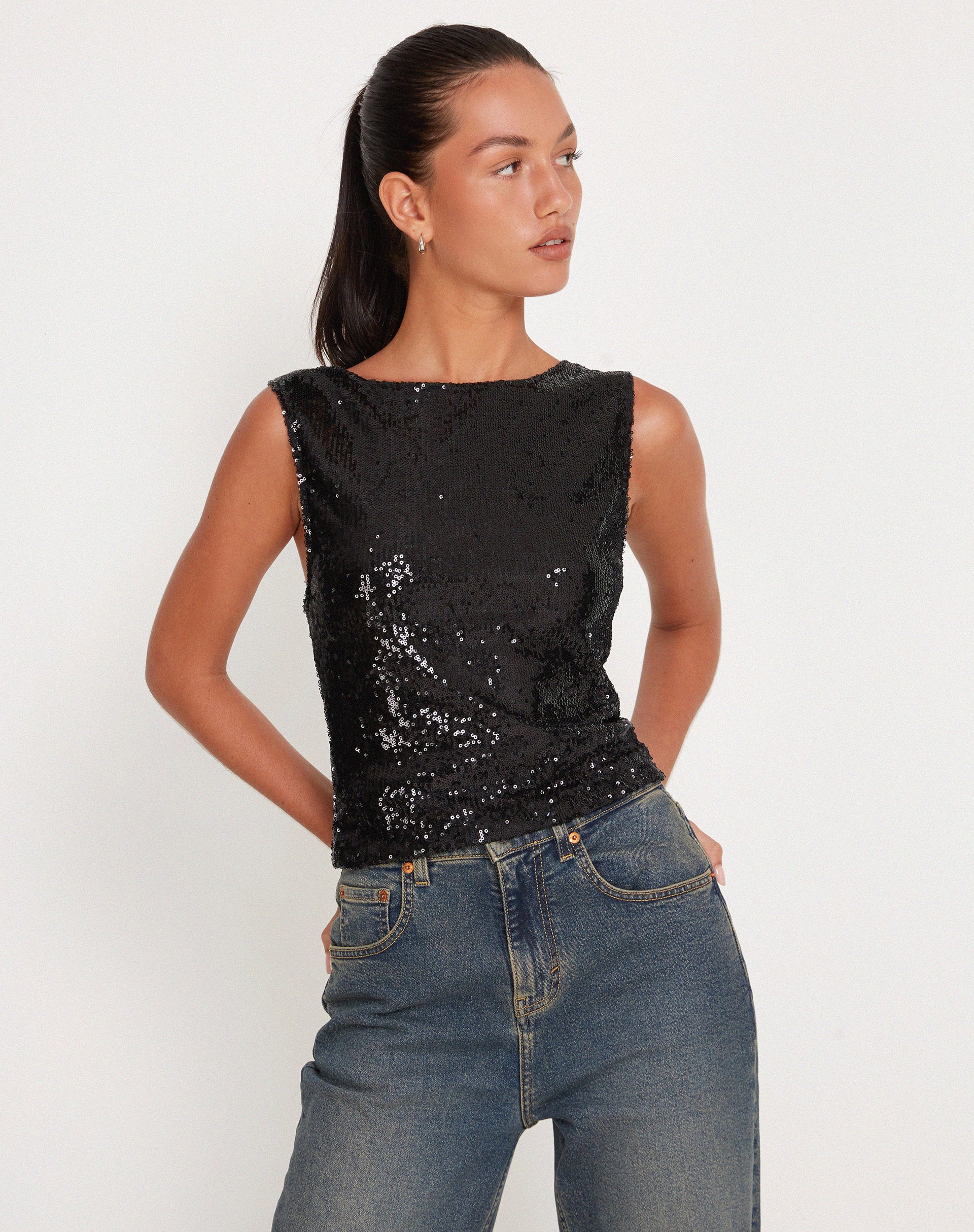 Black Sequin Vest Top | Hala – motelrocks.com