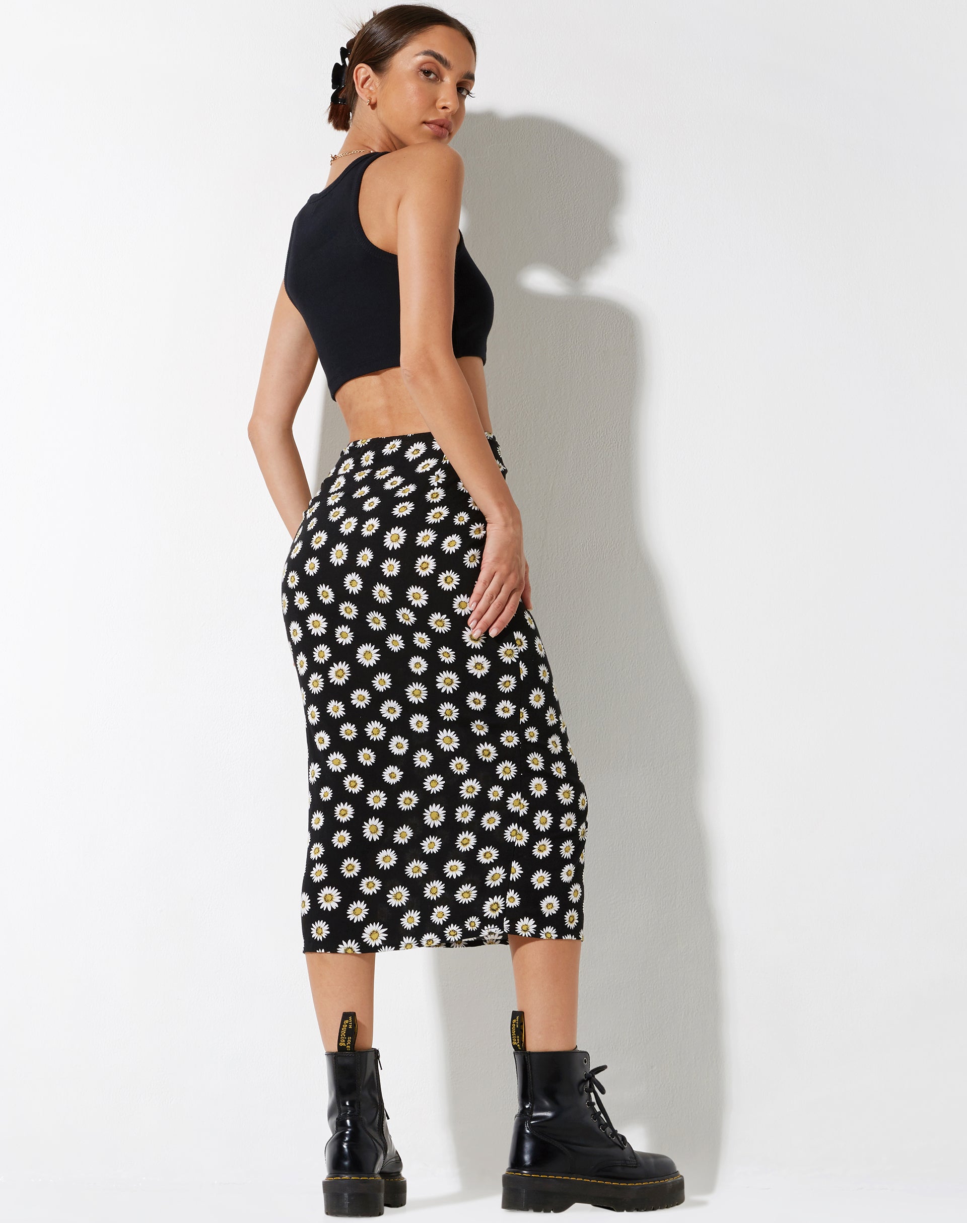 image of Harriet Midi Skirt in Grunge Daisy Black