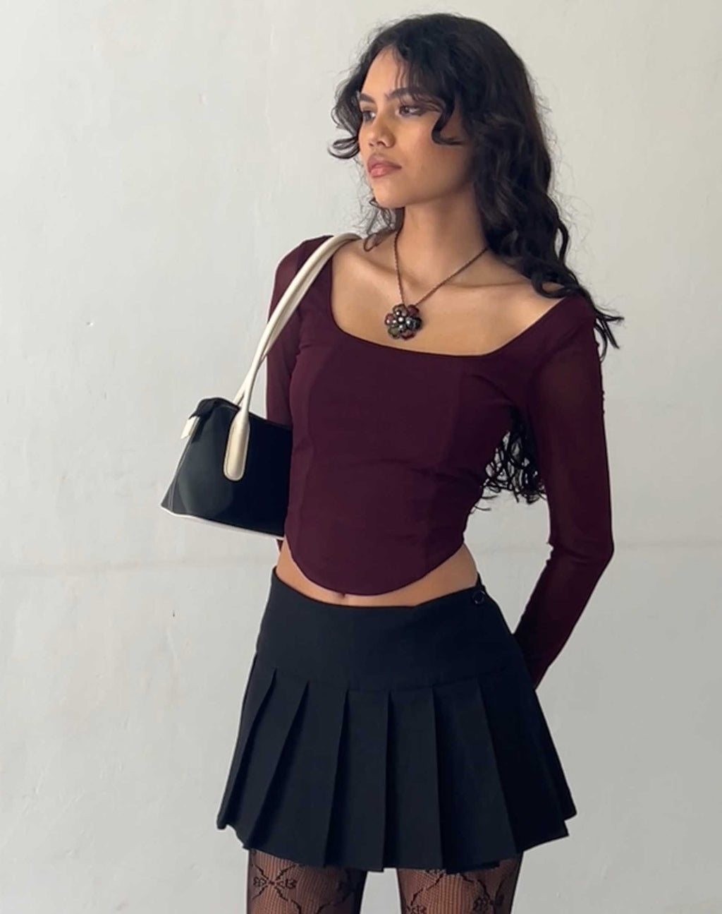 Helsiva Long Sleeve Crop Top in Mesh Burgundy