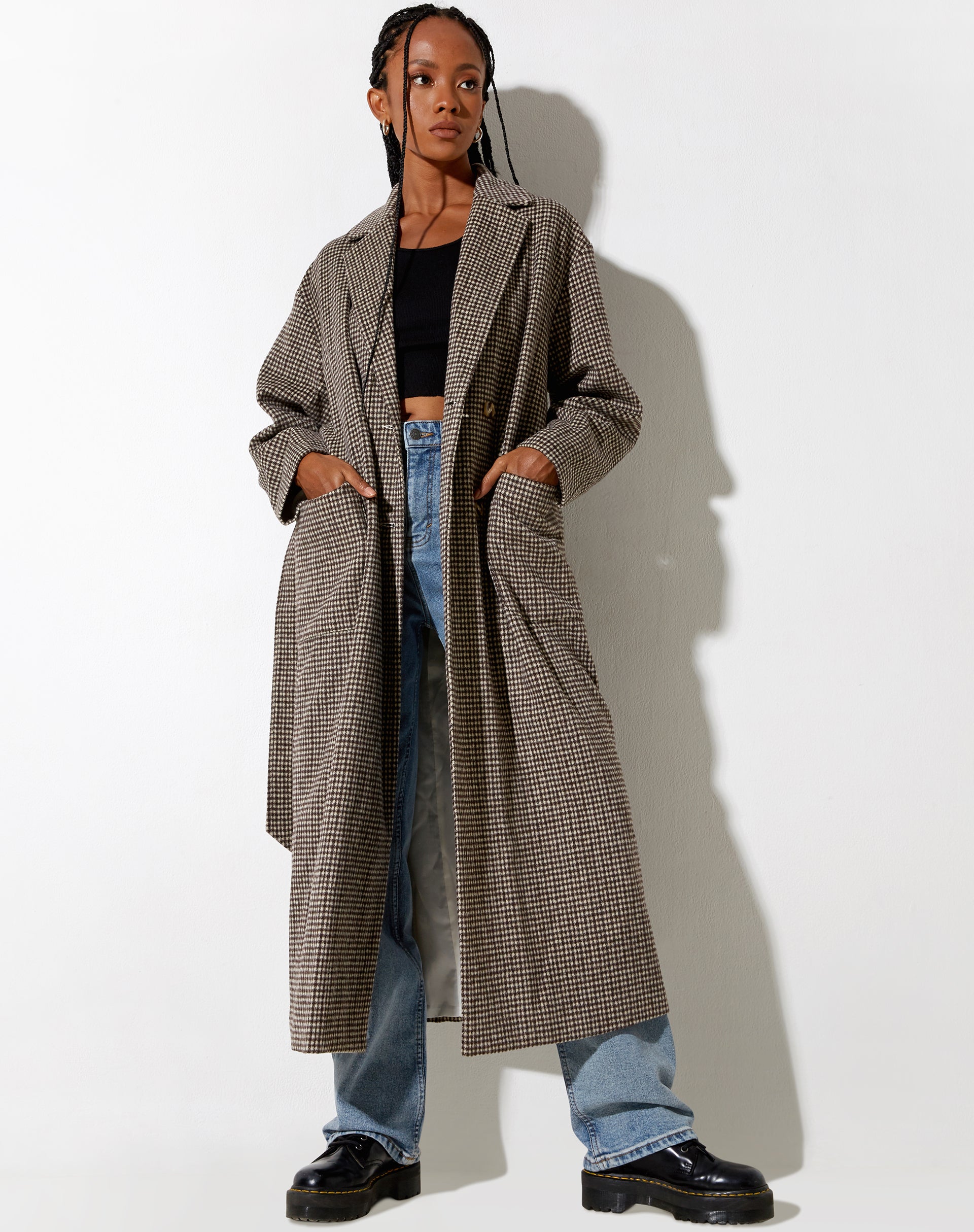 Longline Coat Brown Houndstooth Coat Womens Herdina Coat In