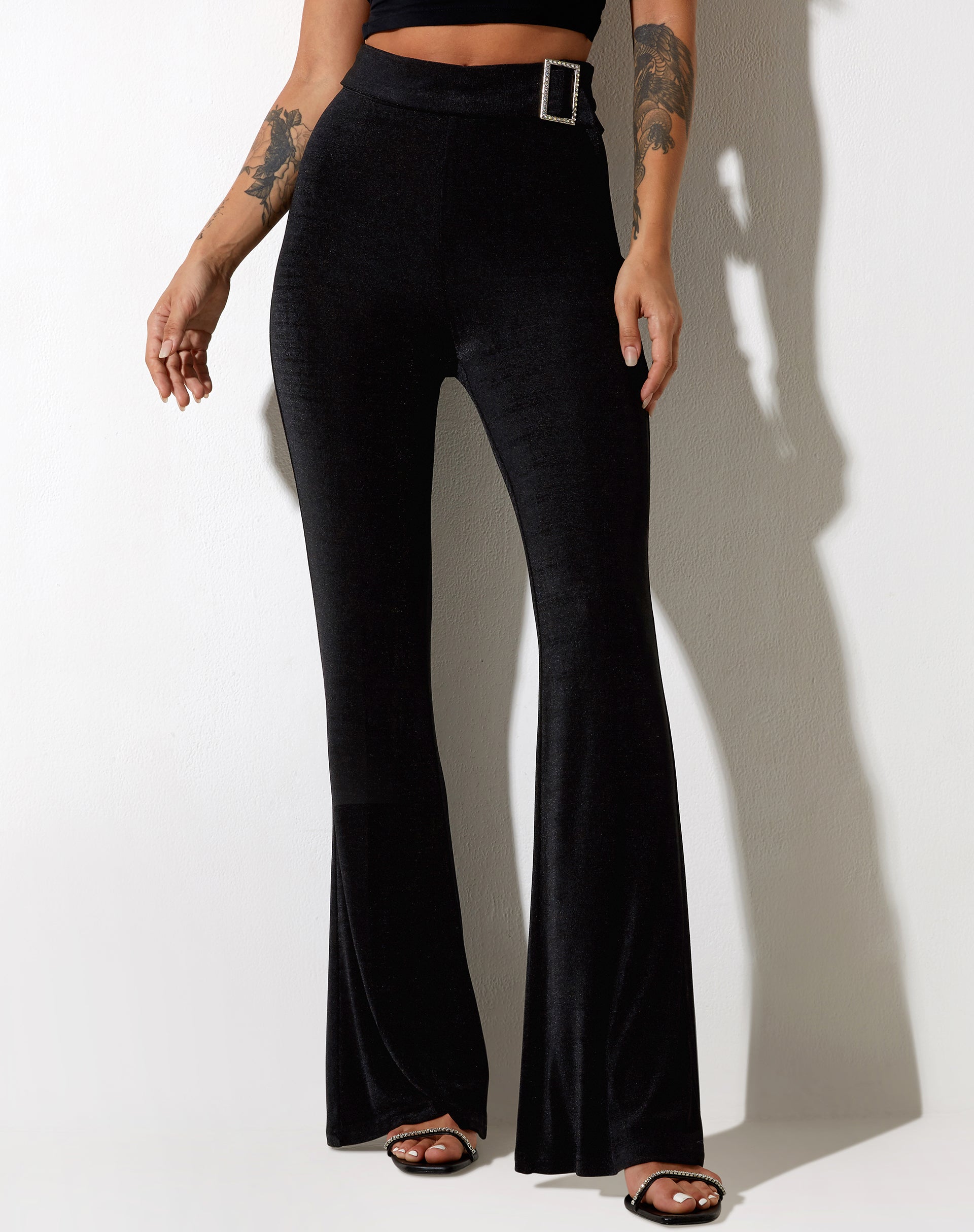 High Waist Black Diamante Flare Trouser | Hermima – motelrocks.com