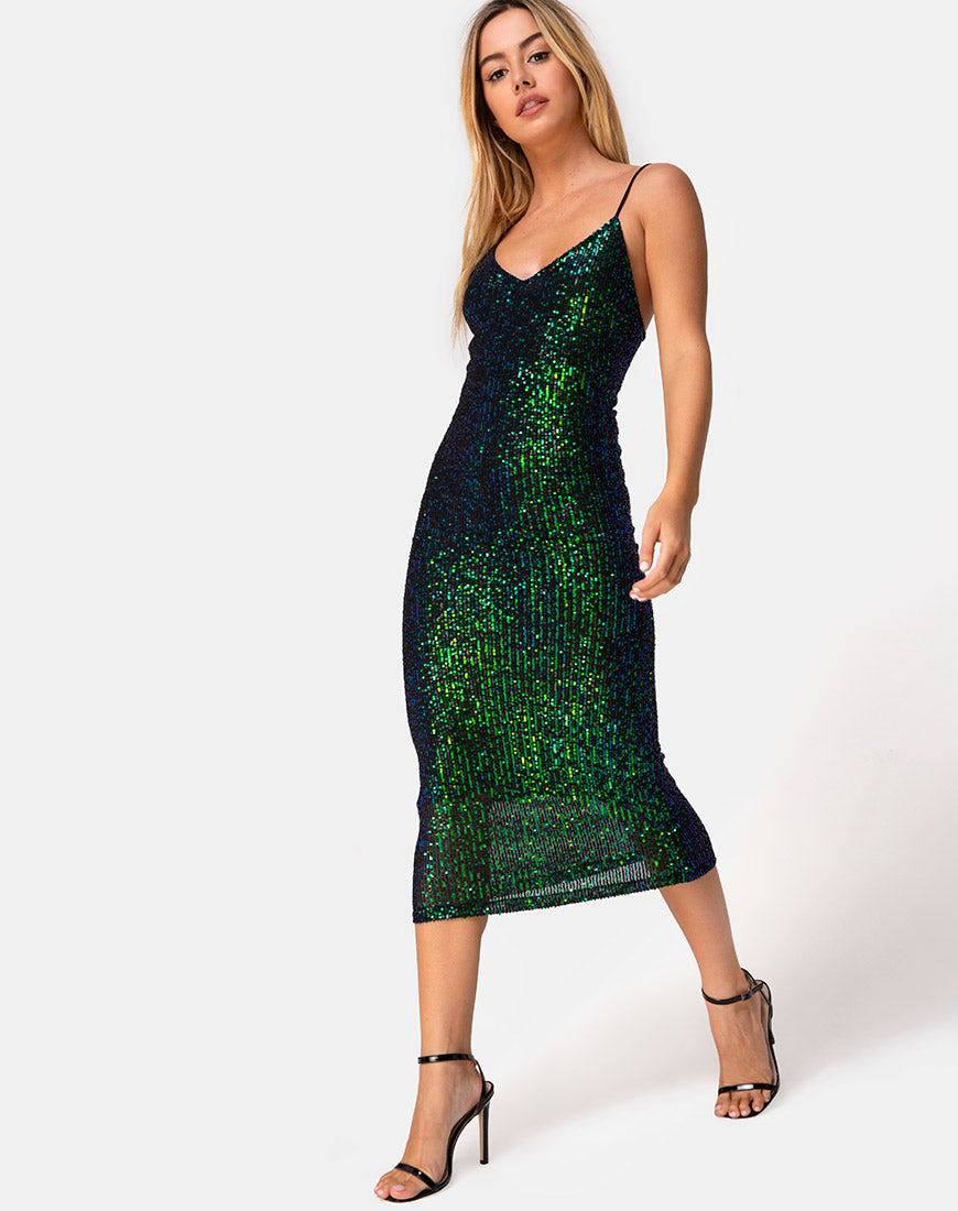 Image of Humia Midi Dress in Drape Net Sequin Iridescent Green