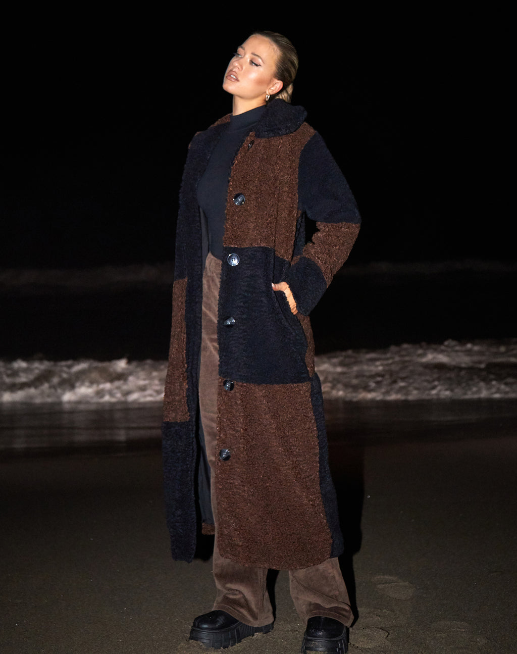 Humus Teddy Coat in Panelled Chocolate and Black