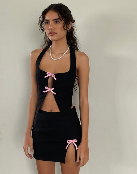 Black with Pink Bow Side Slit Mini Skirt | Wei – motelrocks.com
