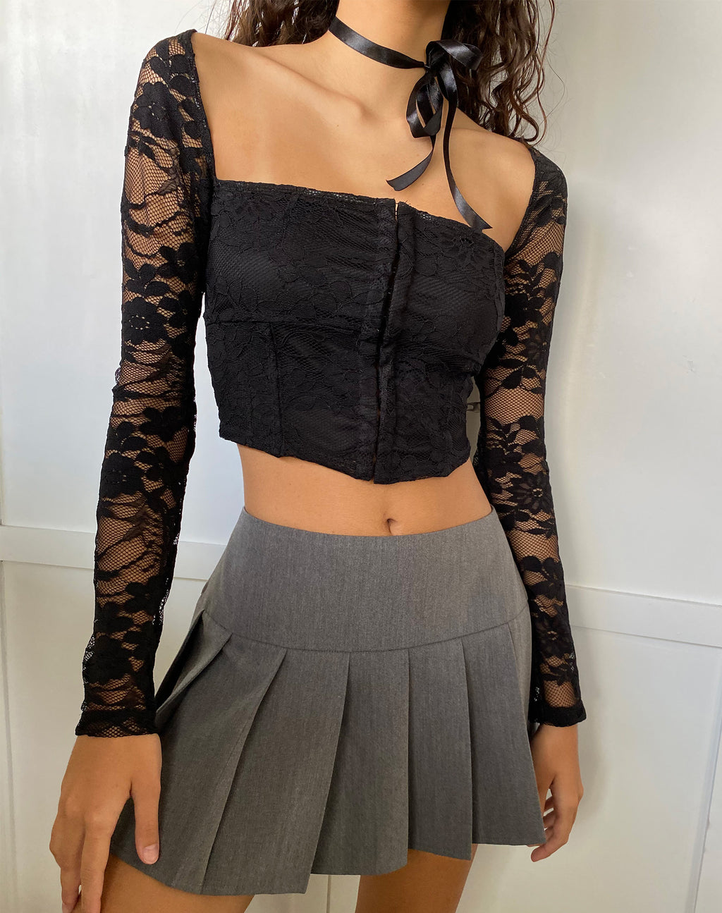 Khafila Long Sleeve Corset  Top in Lace Black