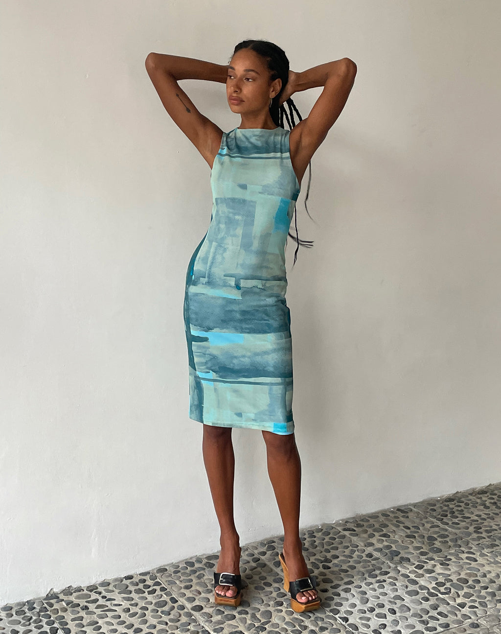 MOTEL X JACQUIE Indie Midi Dress in Mesh Green and Blue Abstract Paint Brush