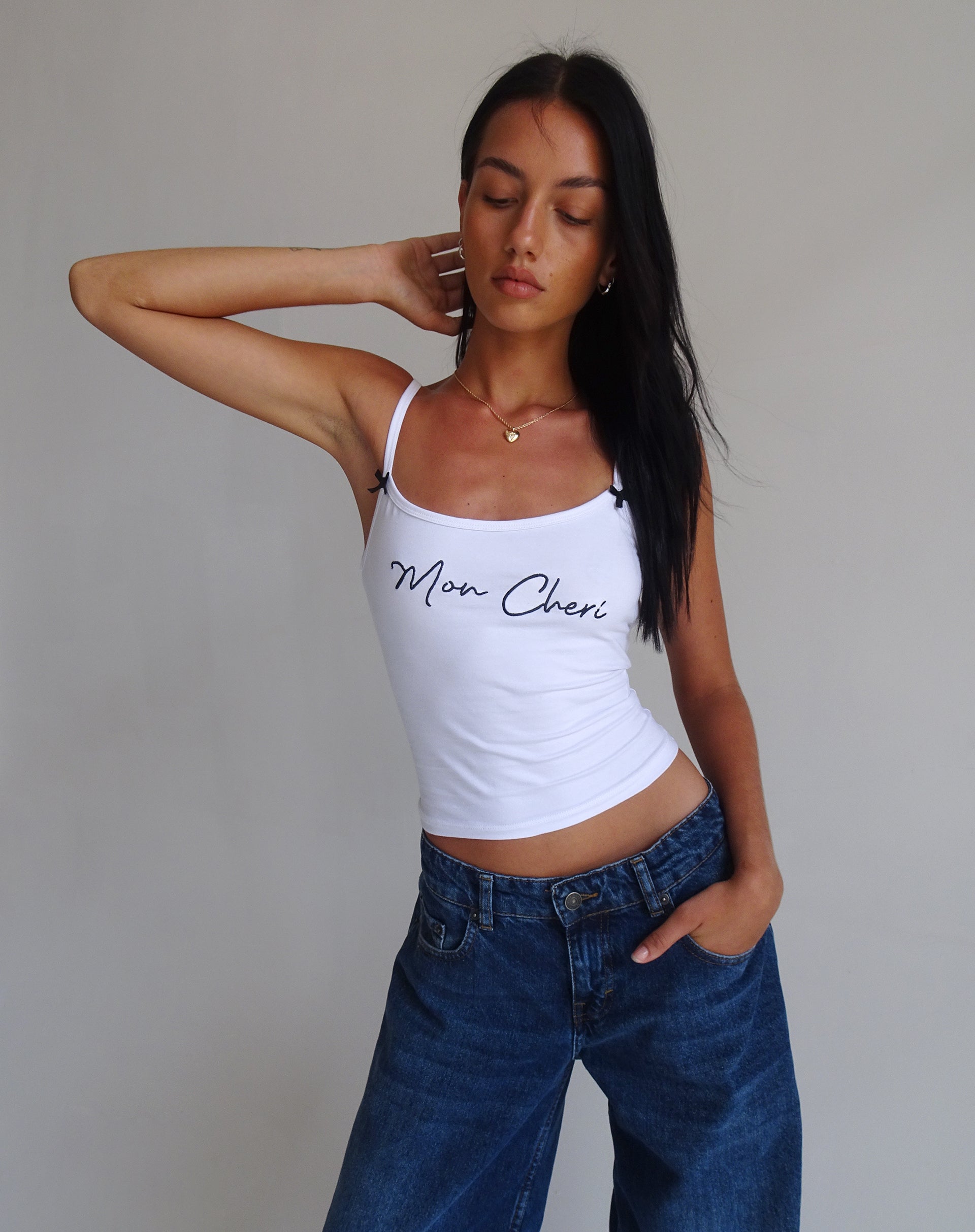 Image of Isa Vest Top in White with Mon Cheri Embroidery