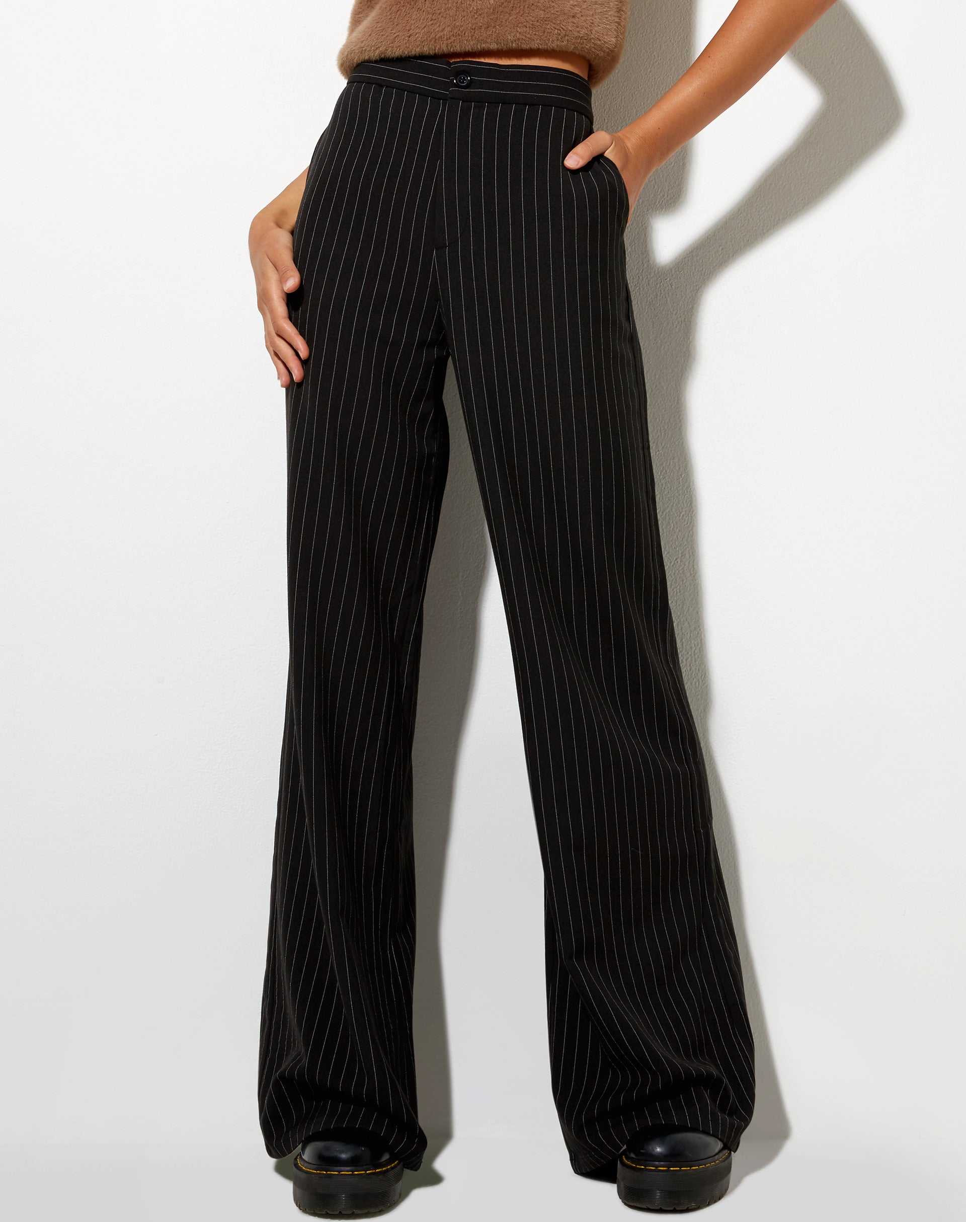 Black Pinstripe High Waisted Flared Smart Trousers | Ivo – motelrocks.com