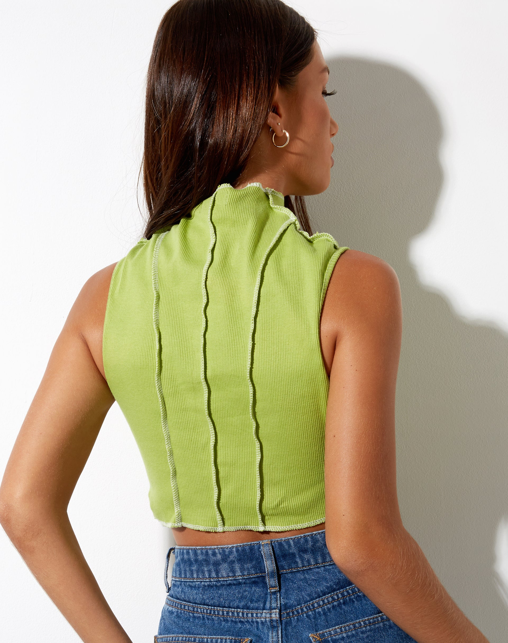 Image of Ivy Vest Top in Rib Leaf Green with Ivory Stitching