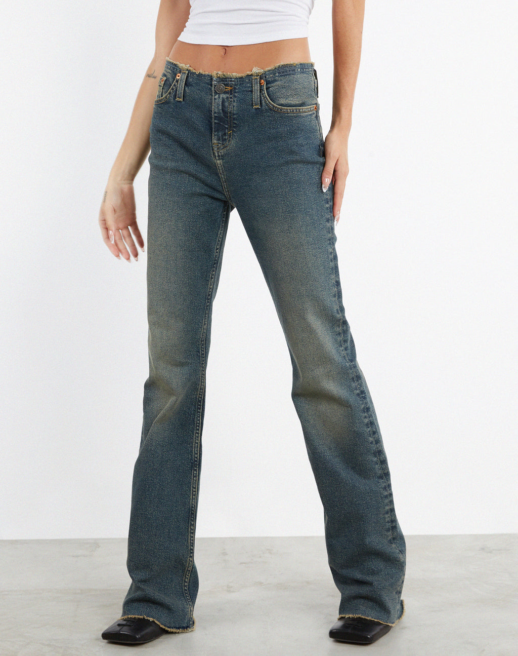 Frayed Low Rise Jeans in Brown and Blue Acid