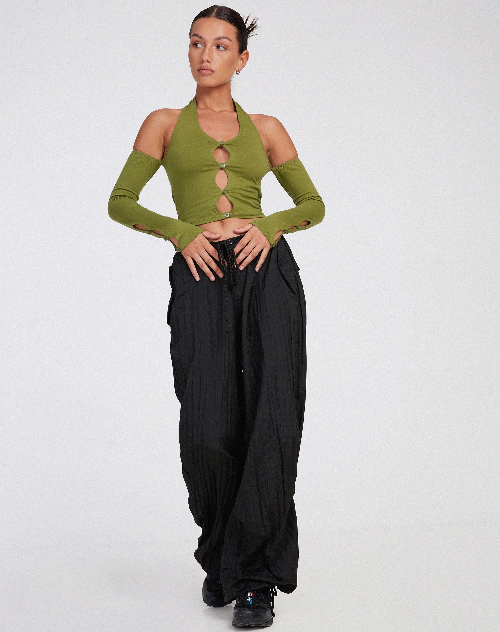Khaki Green Cut Out Long Sleeve Crop Top | Jayne – motelrocks.com