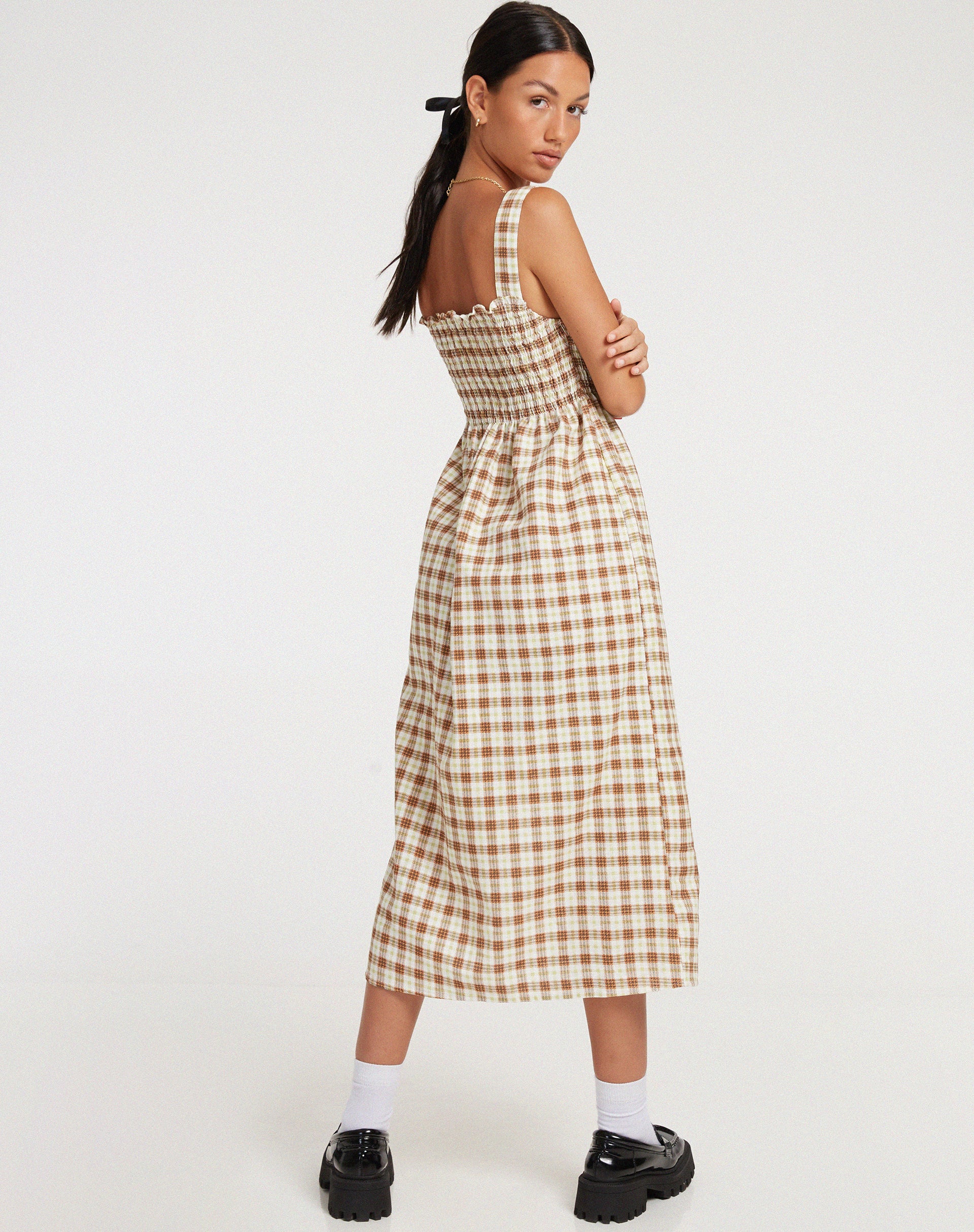 image of Jocasta Midi Dress in Yellow and Brown Check