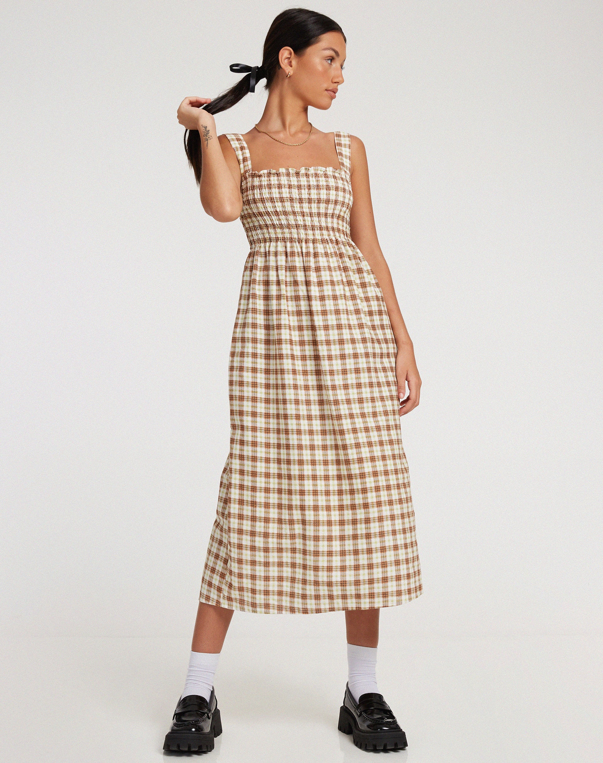 image of Jocasta Midi Dress in Yellow and Brown Check
