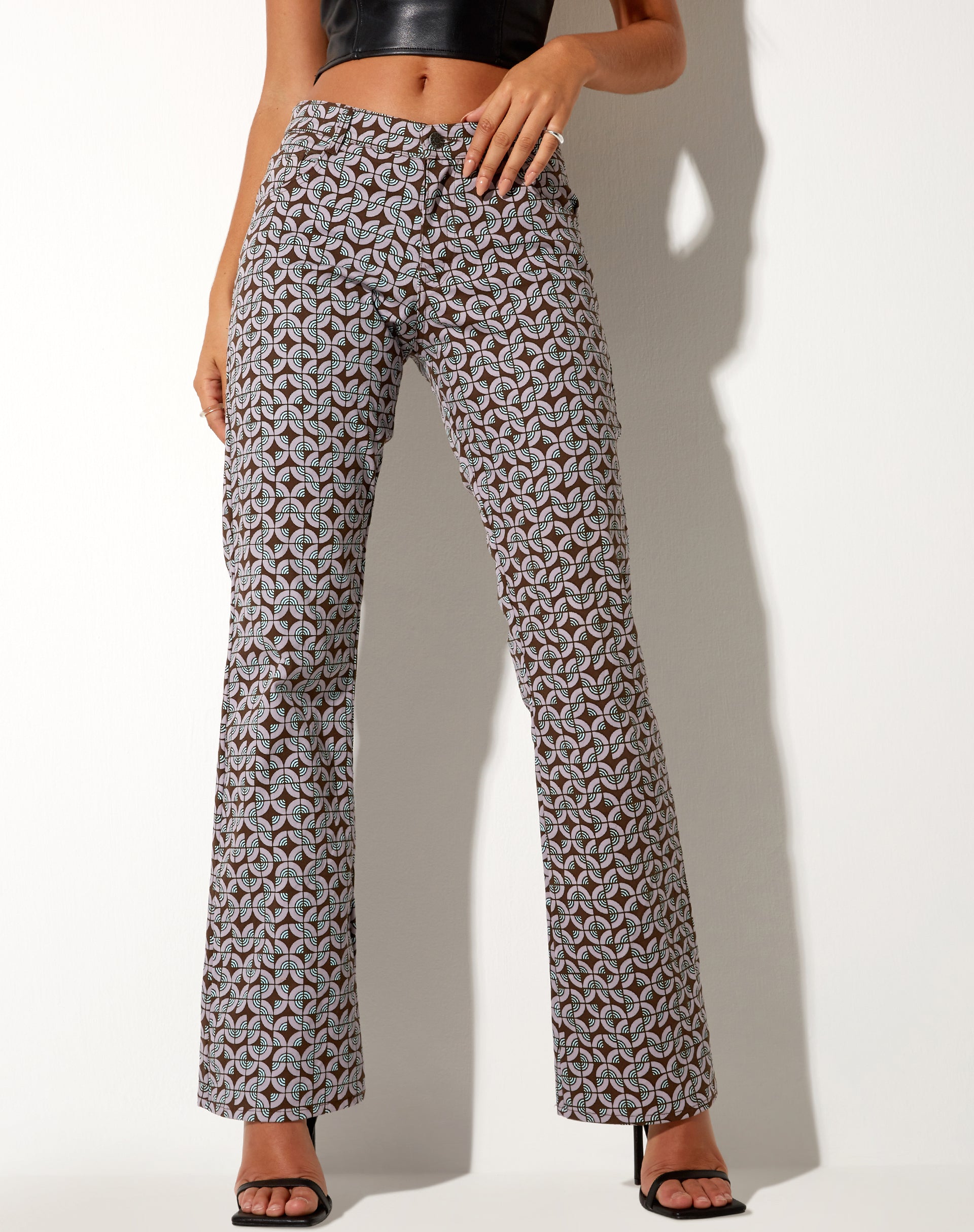 Retro Tile Print Low Rise Flare Trousers Jopan motelrocks