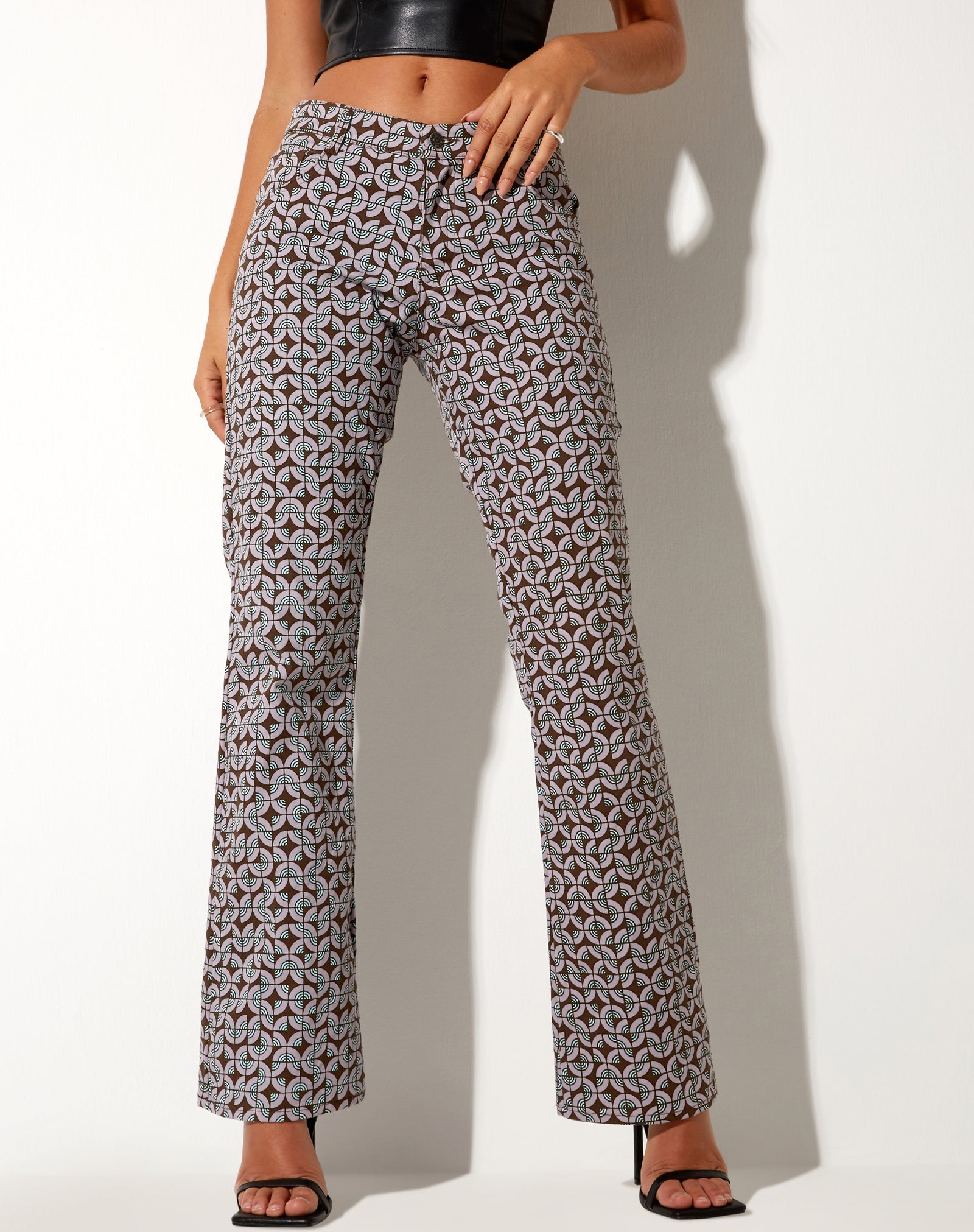 Retro Tile Print Low Rise Flare Trousers | Jopan – motelrocks.com