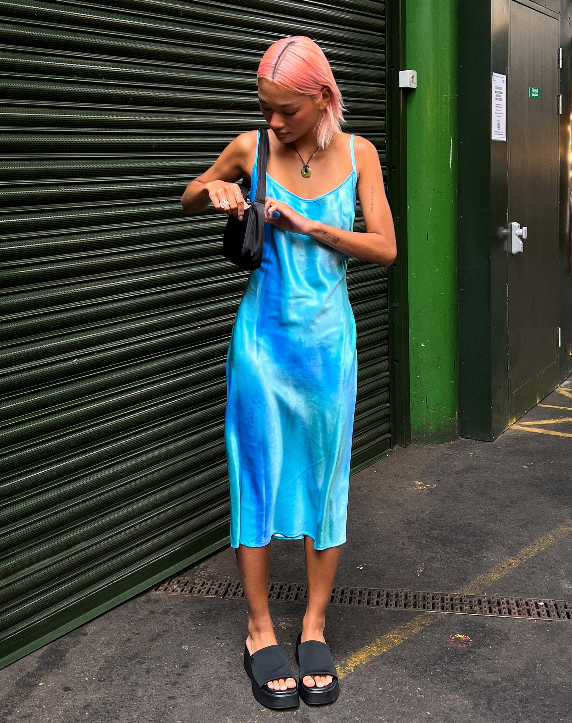 motel rocks blue satin dress Tayla Mini Dress in Satin Daylight Blue