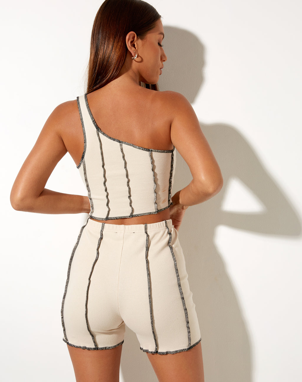 Kala Short in Rib Ecru with Black Stitching