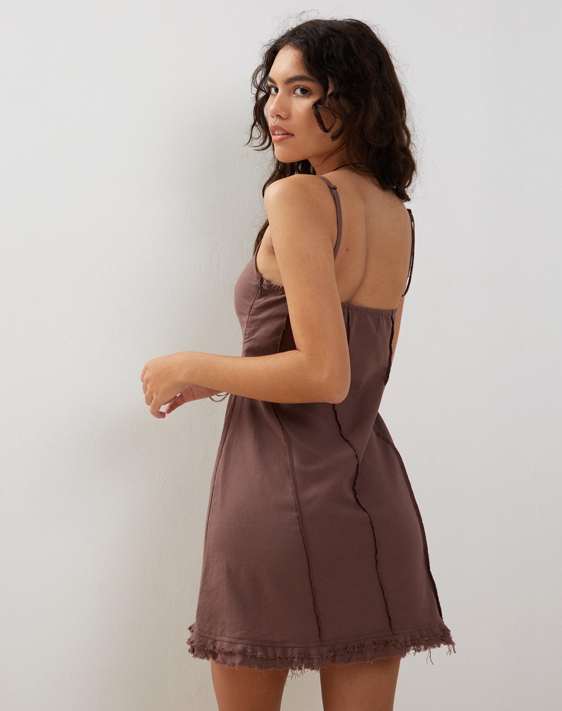 Image of Kaneisa Pintuck Mini Slip Dress in Deep Taupe