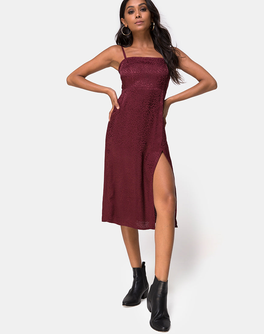 Image of Kaoya Midi Dress in Satin Cheetah Burgundy