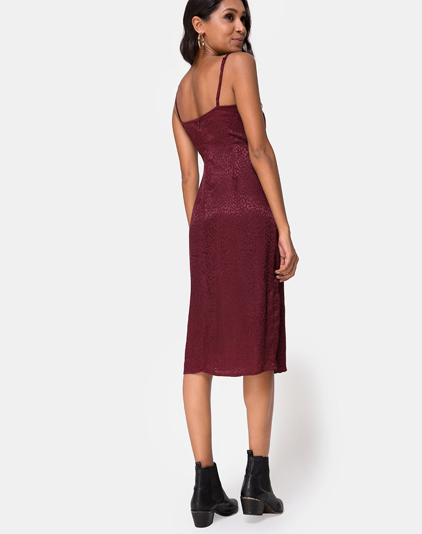 Image of Kaoya Midi Dress in Satin Cheetah Burgundy