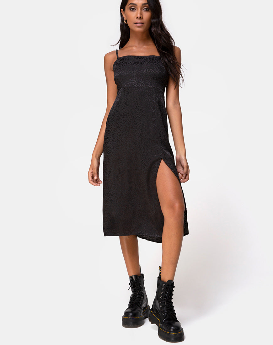 Image of Kaoya Midi Dress in Satin Cheetah Black