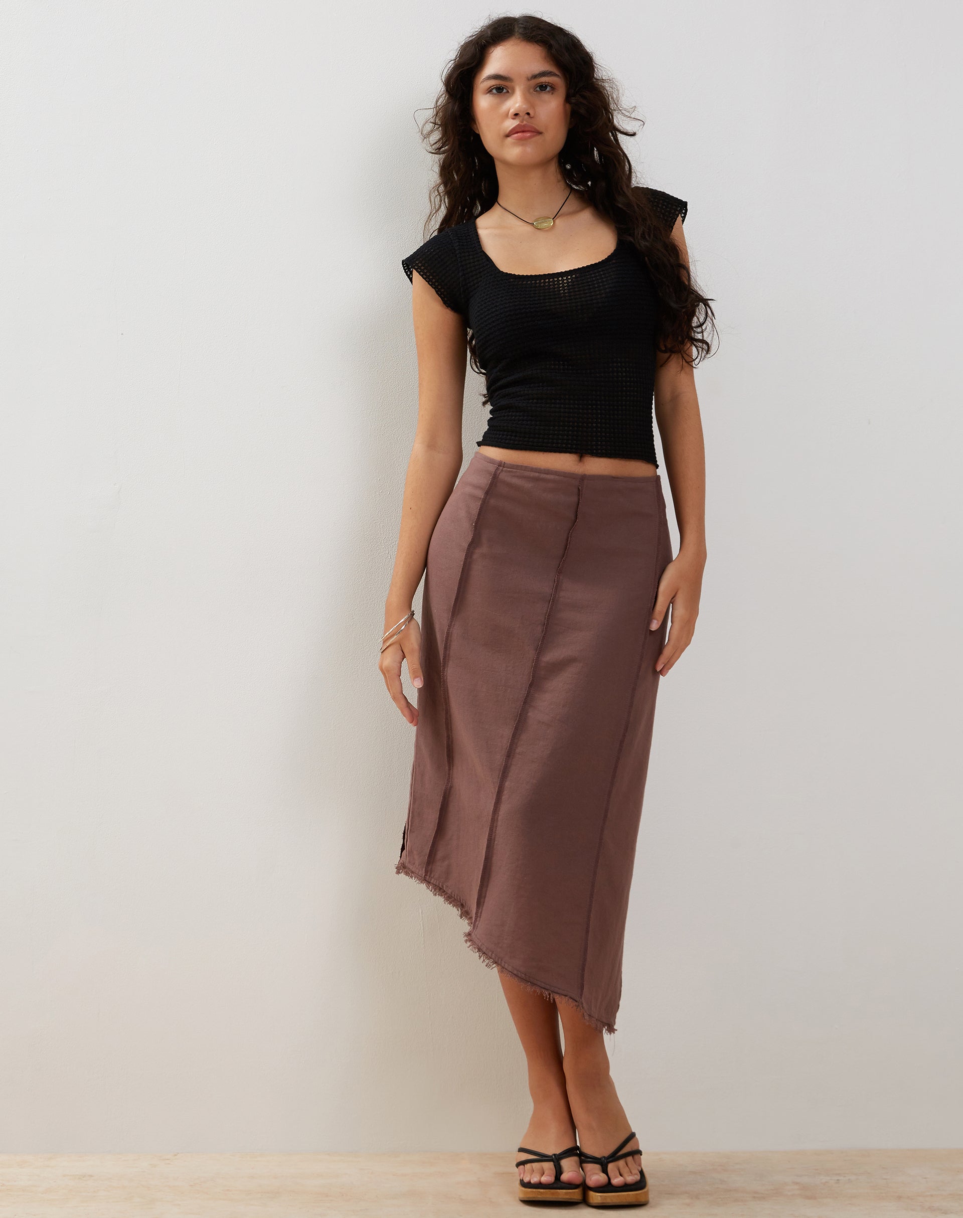 Image of Karlesa Asymmetric Midi Skirt in Deep Taupe