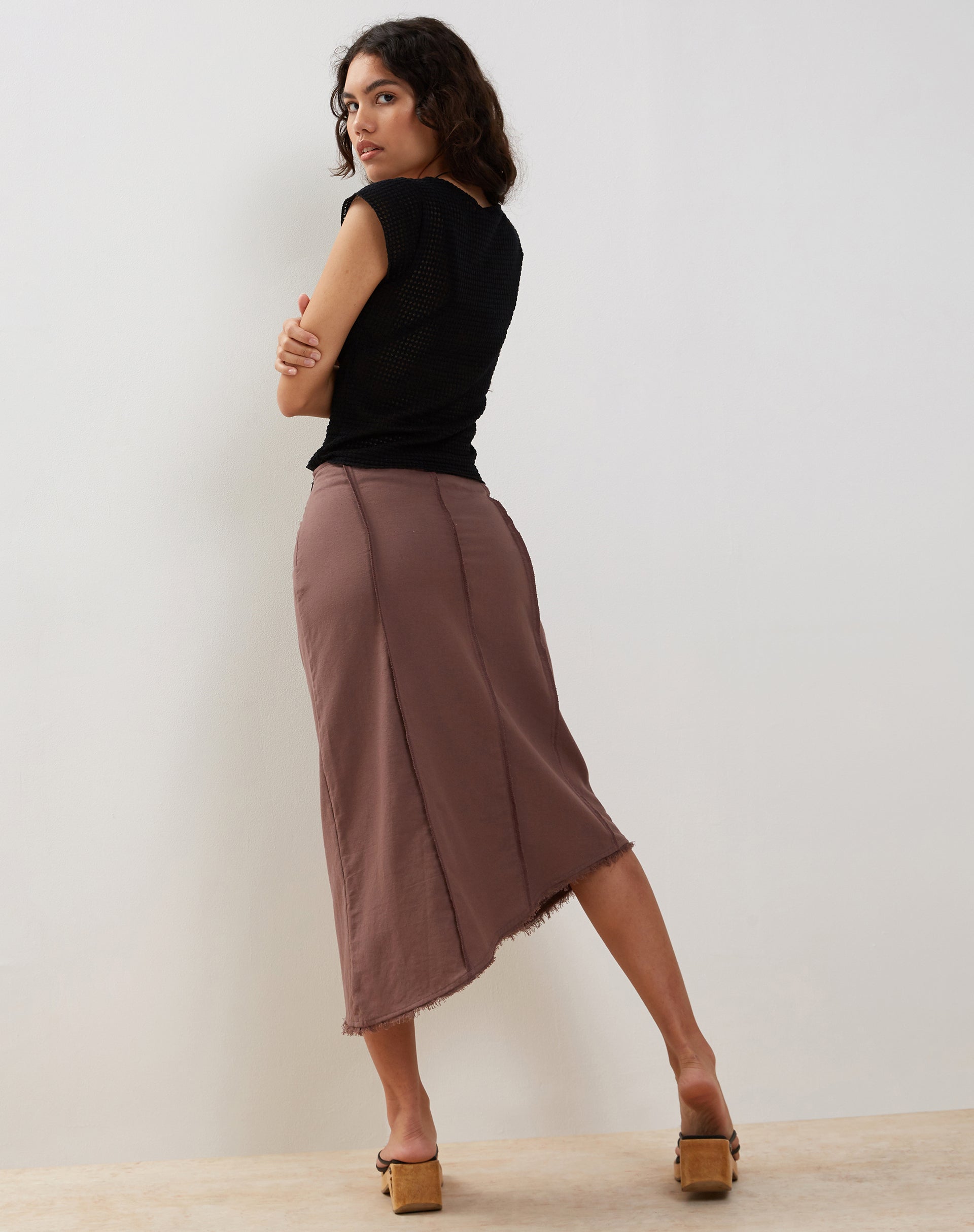 Image of Karlesa Asymmetric Midi Skirt in Deep Taupe