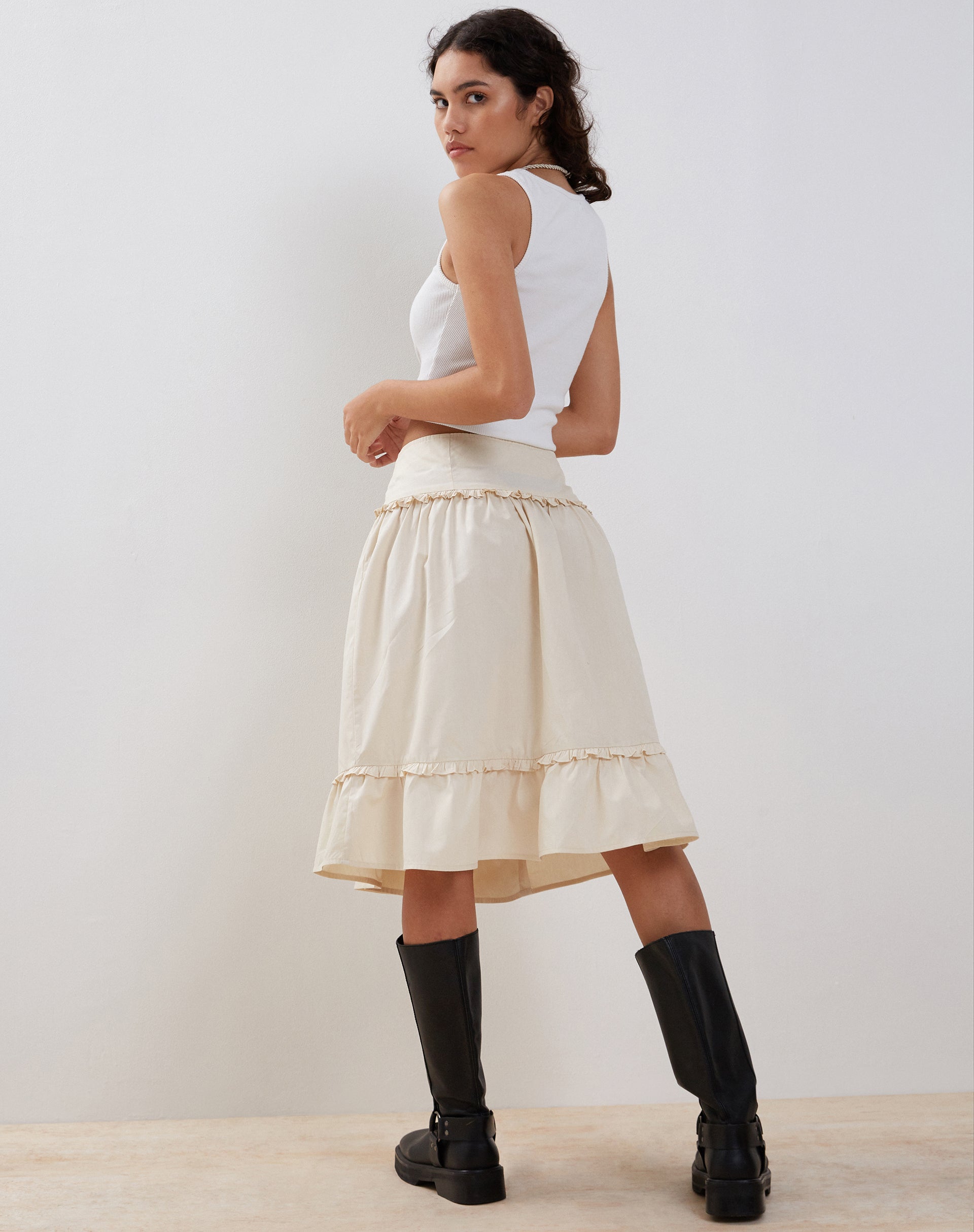 Image of Kasya Frill Hem Midi Wrap Skirt in Ivory