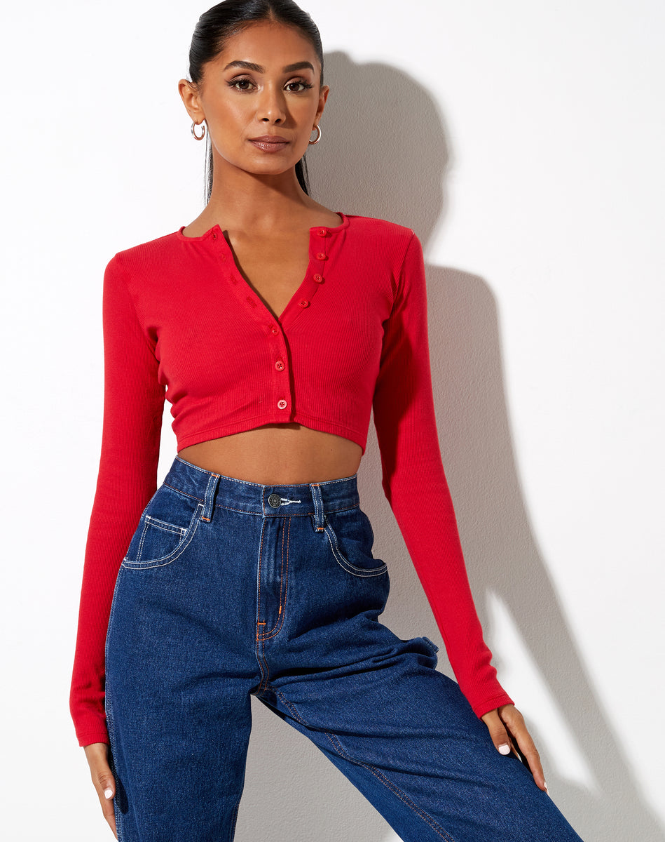 Ribbed Red Long Sleeve Button Up Bodycon Crop Top | Kaya – motelrocks.com