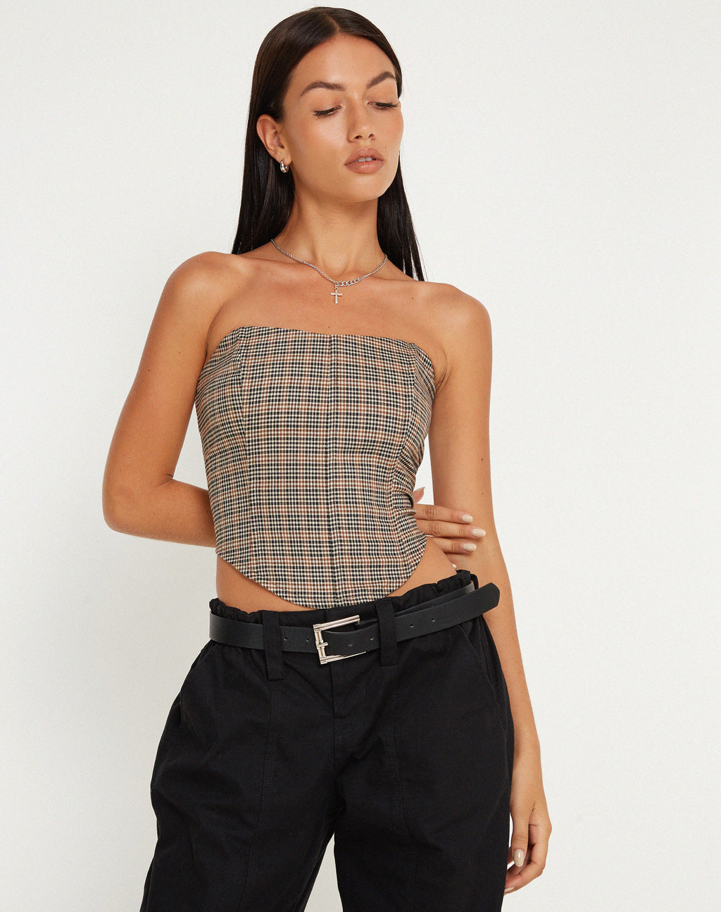 Kayashi Corset Top in Micro Brown Check