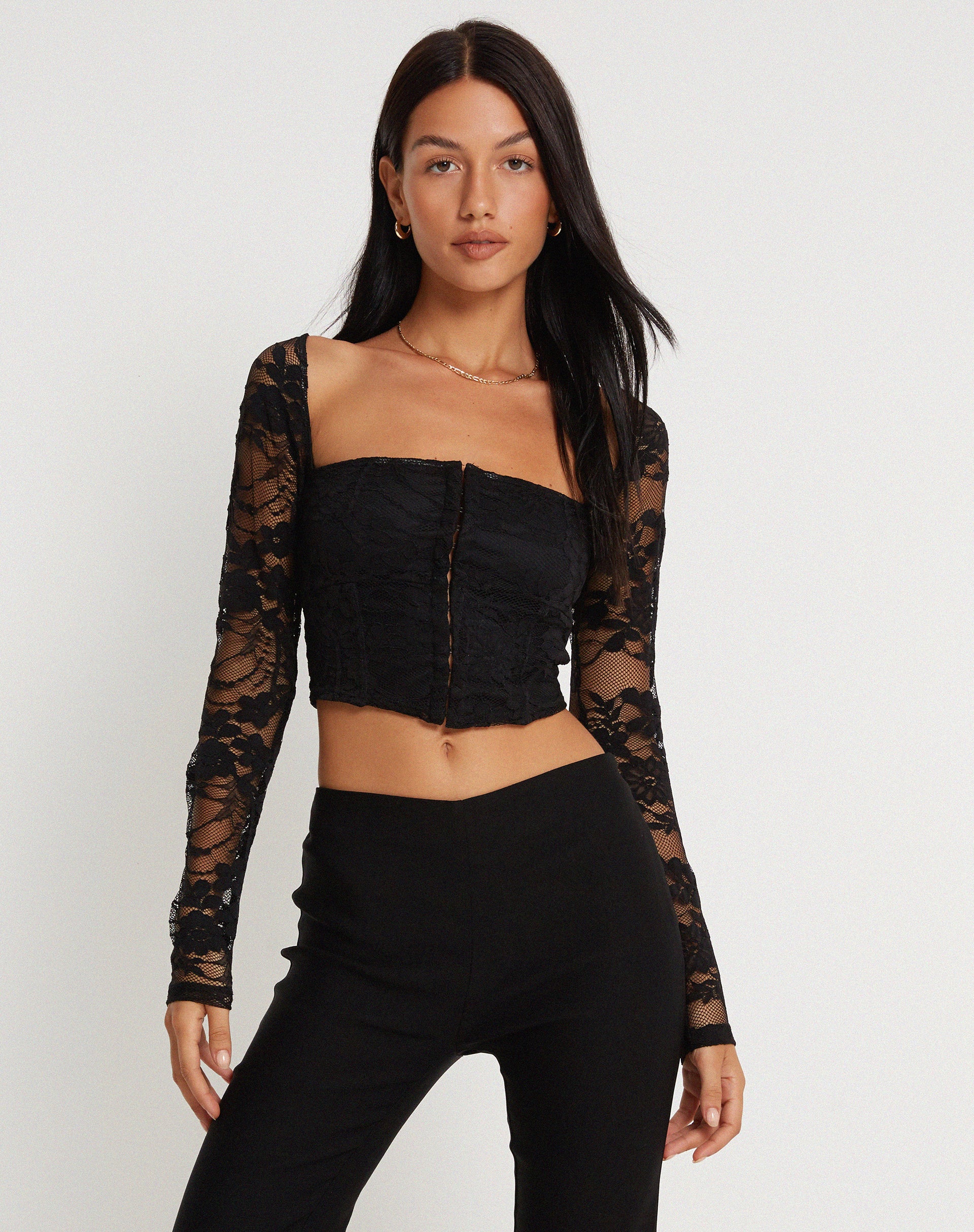 image of Khalifa Long Sleeve Top in Lace Black