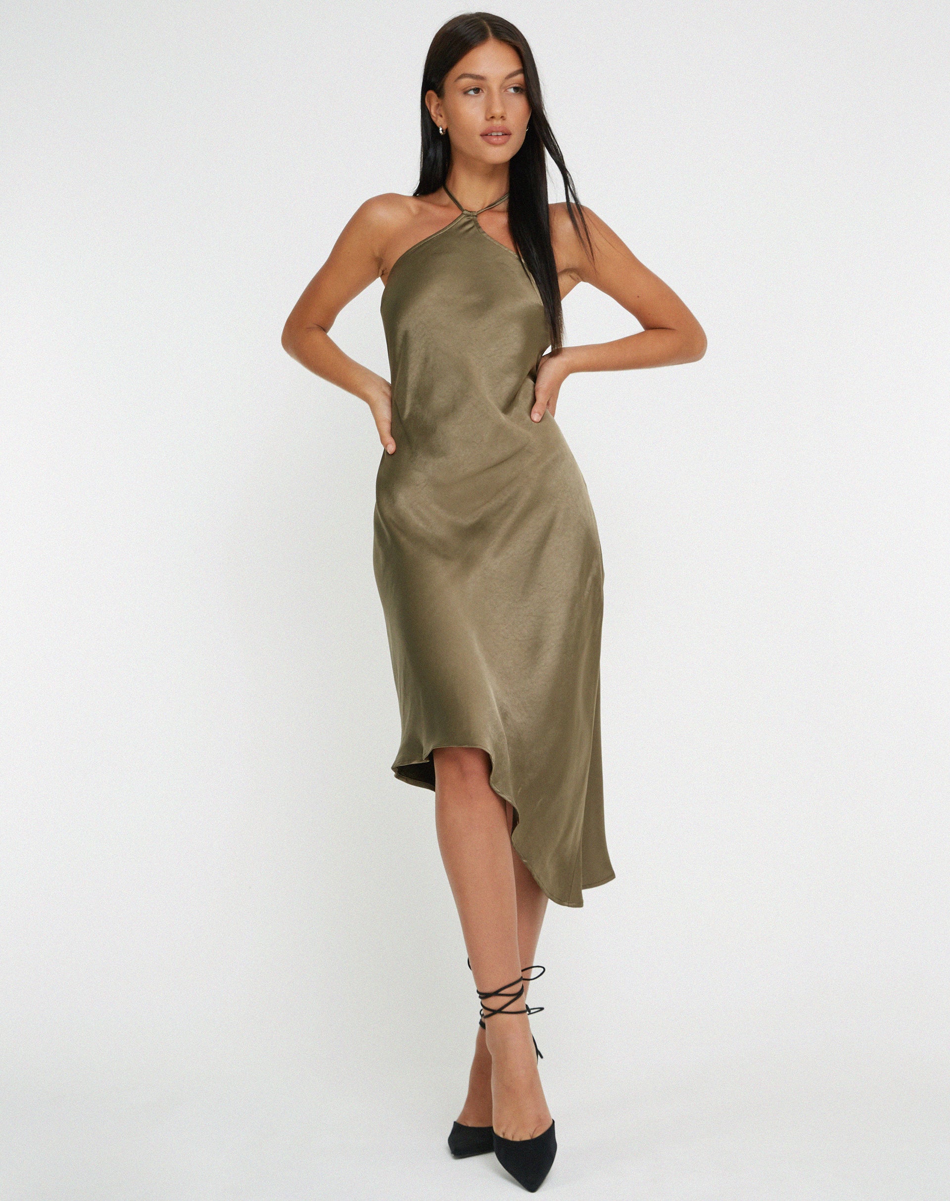 Satin Dark Olive Halterneck Frilled Midi Dress | Kimora – motelrocks.com