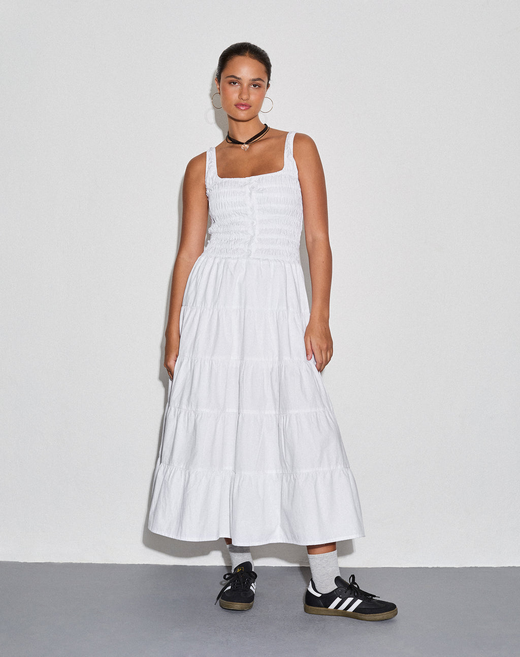 Koizumi Tiered Maxi Dress in Poplin White