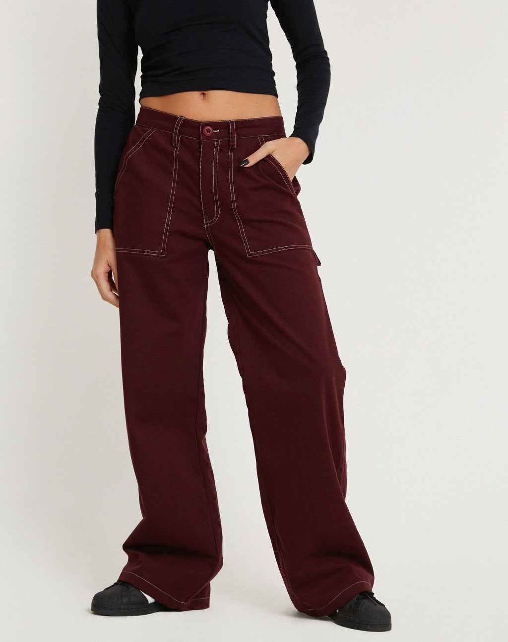 Kusnaedi Wide Leg Trouser in Redwood and White Top Stitch