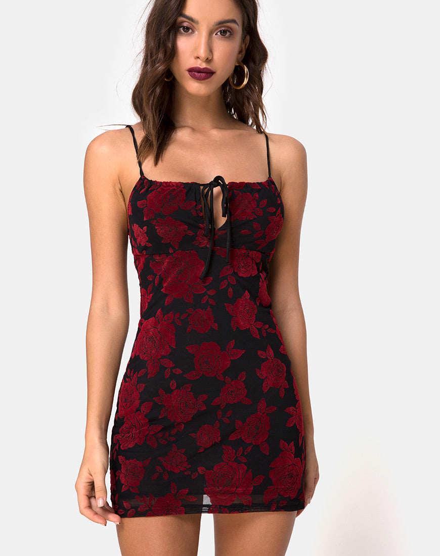 Kumin Bodycon Dress in Romantic Red Rose Flock – motelrocks.com