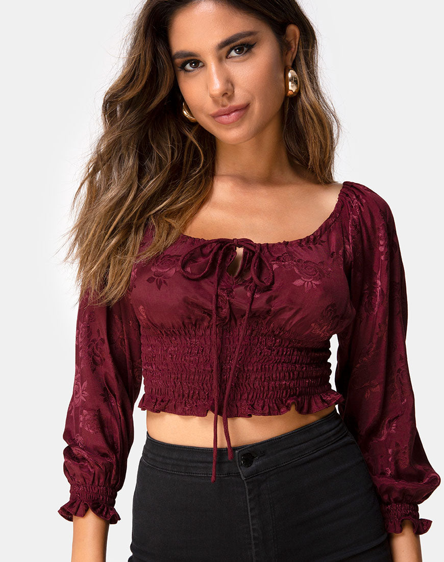 Image of Lancer Crop Top in Satin Rose Burgundy