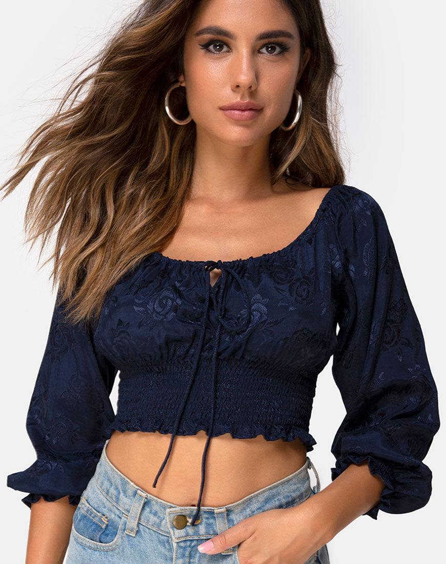 Image of Lancer Crop Top in Satin Rose Navy