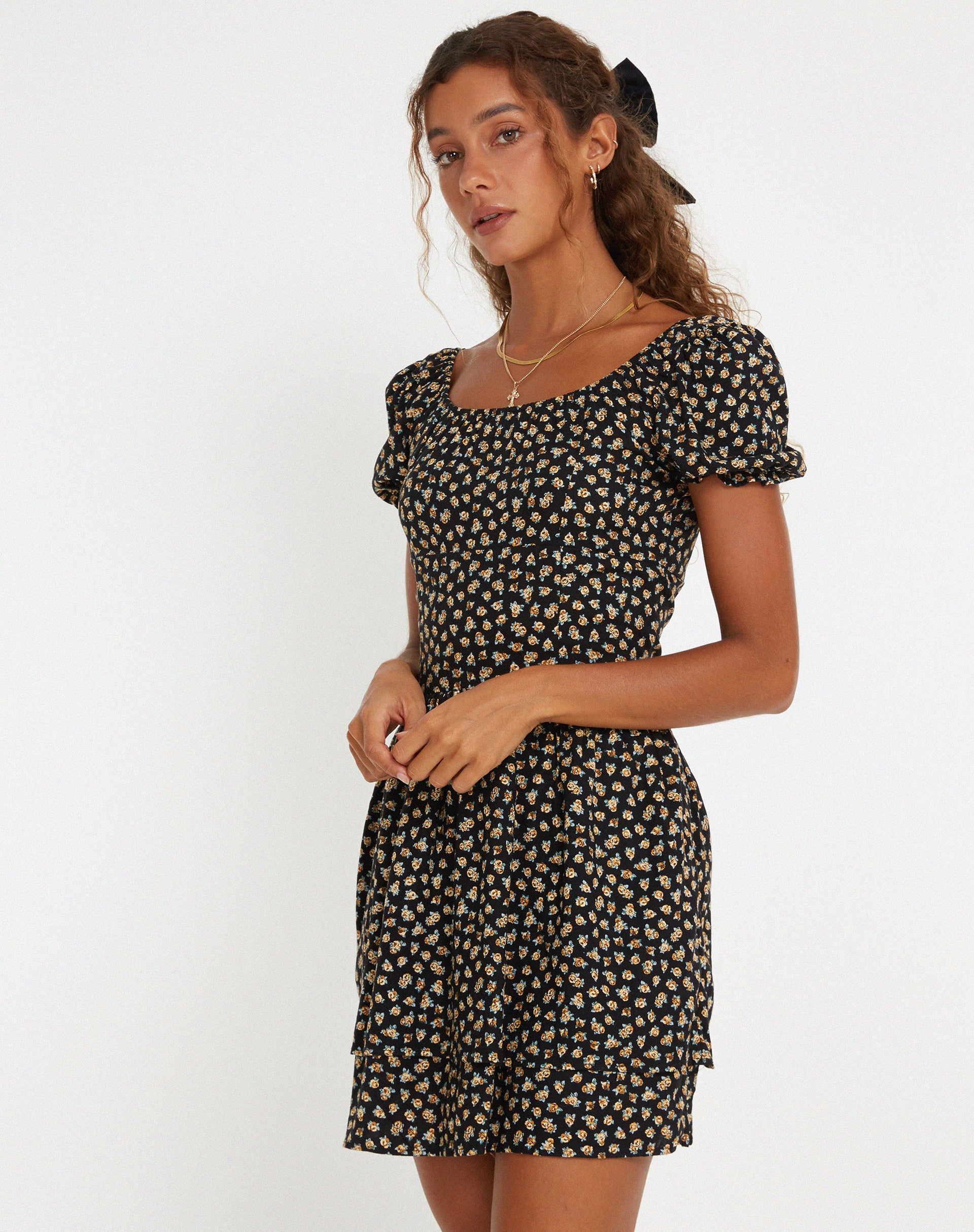 image of Lilibeth Mini Dress in Ditsy Floral Bronze