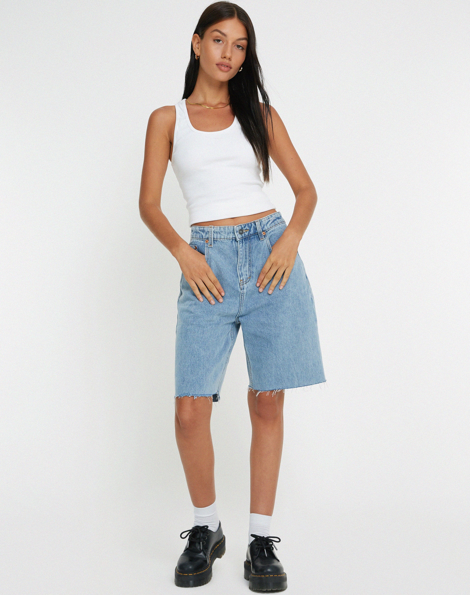 Longline clearance denim shorts