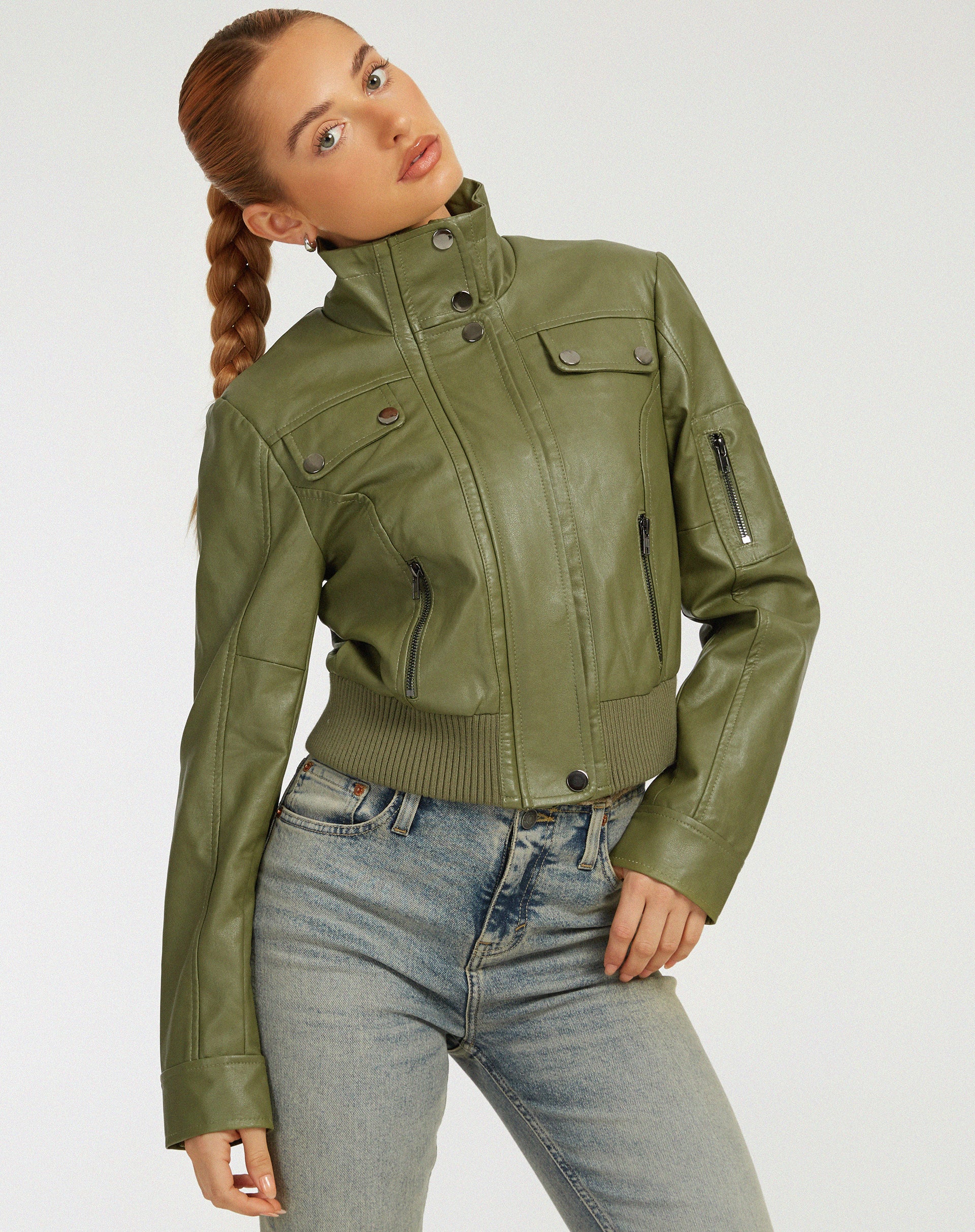 Green PU Leather High Neck Jacket | Loviana – motelrocks.com