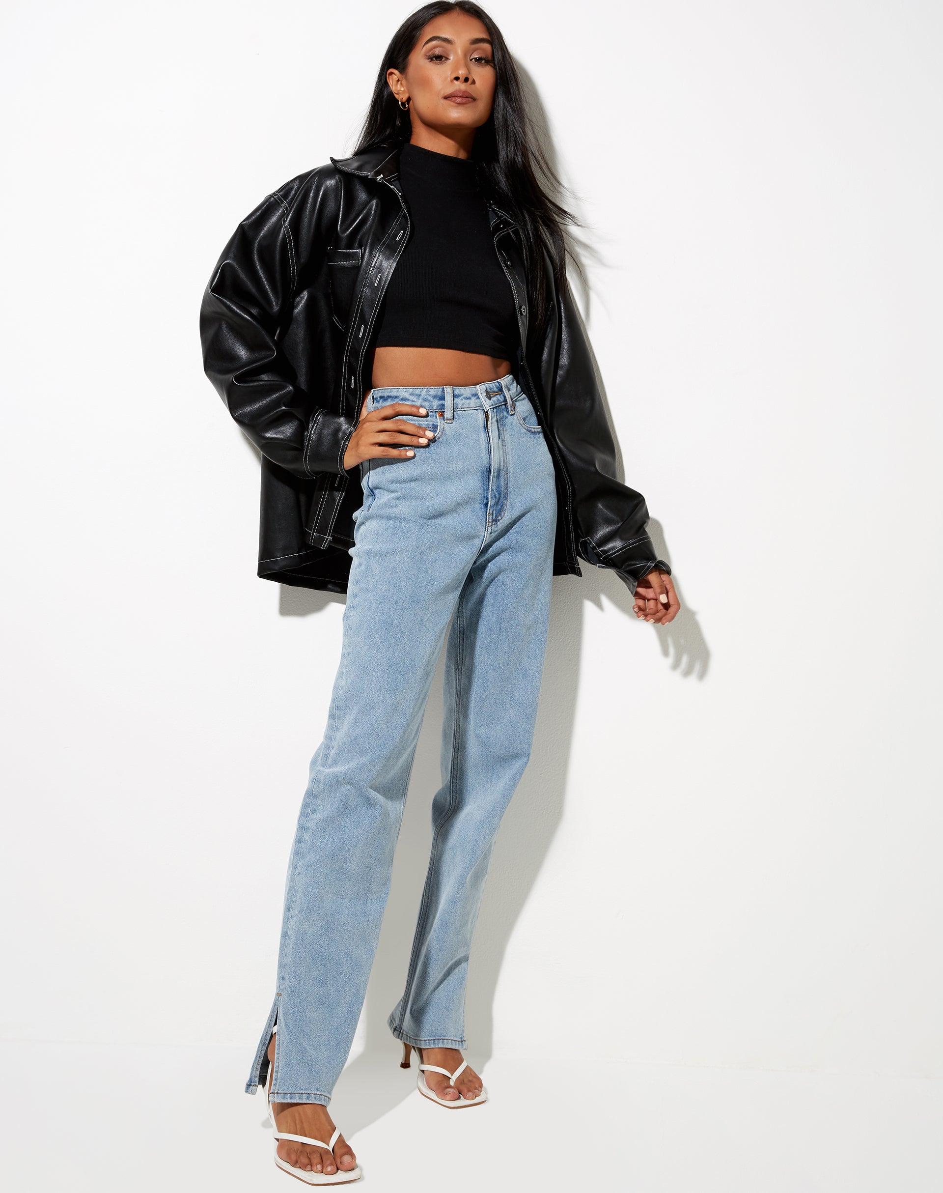 Image of Lumberjack Shirt in PU Black with White Stitch