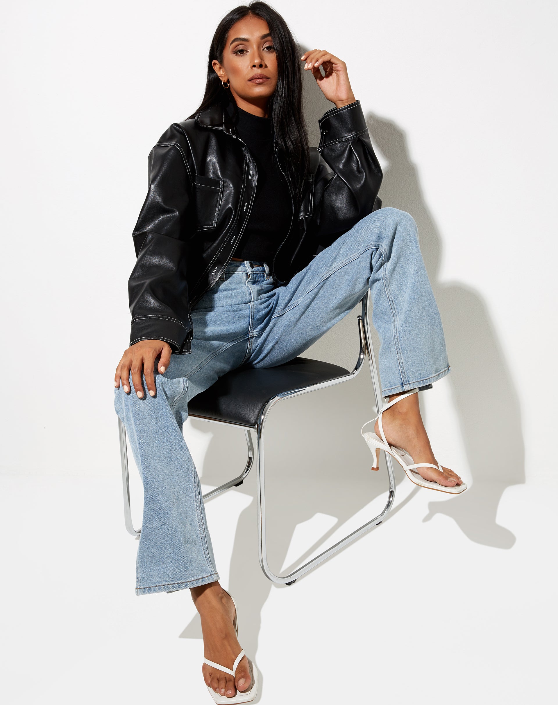 Image of Lumberjack Shirt in PU Black with White Stitch