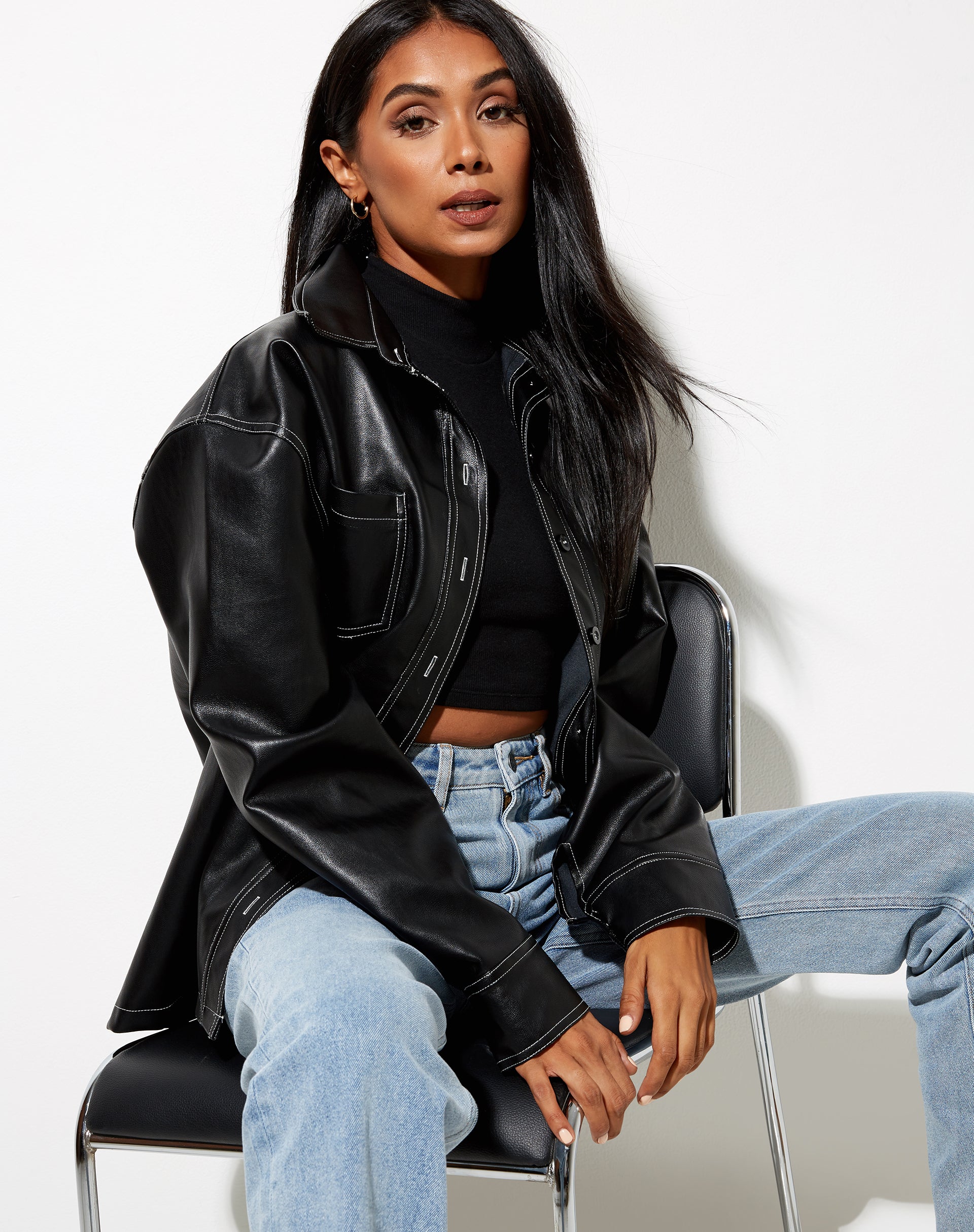 Image of Lumberjack Shirt in PU Black with White Stitch